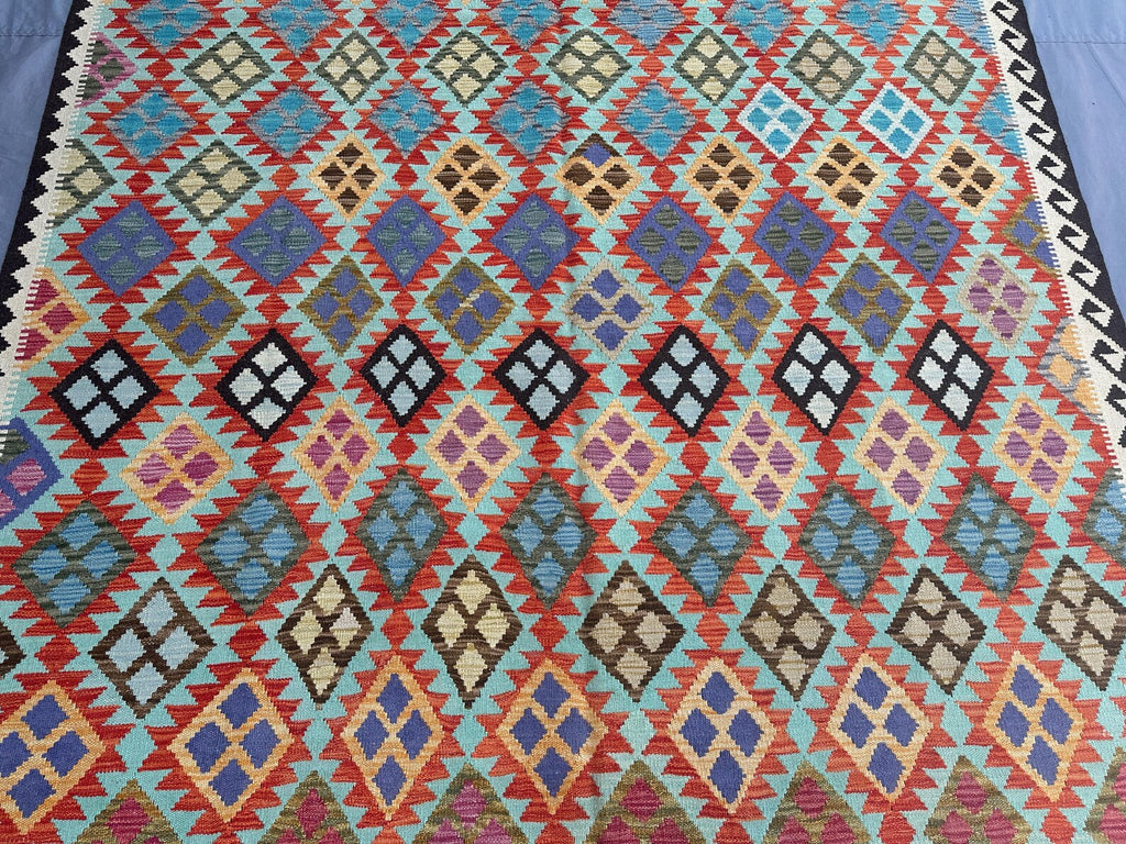 Handmade Afghan Kilim Rug – 211x213 cm | Vibrant Multicolor Tribal Wool Carpet
