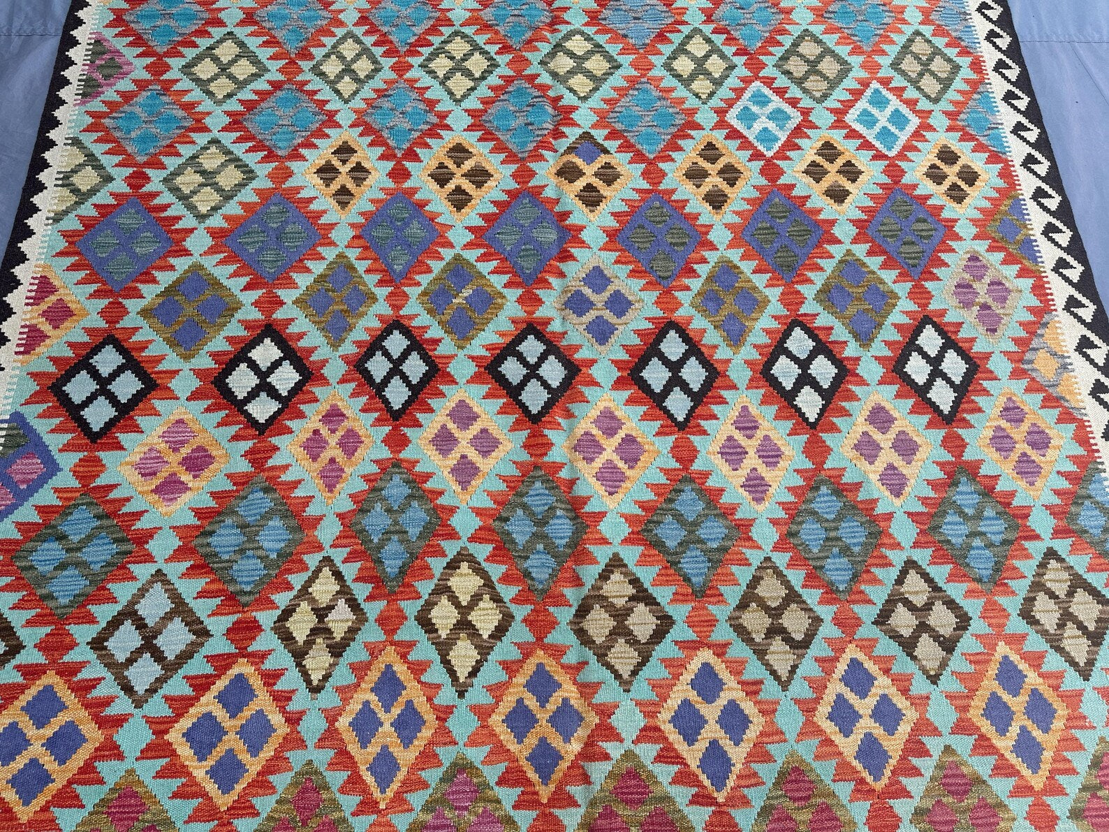 Handmade Afghan Kilim Rug – 211x213 cm | Vibrant Multicolor Tribal Wool Carpet