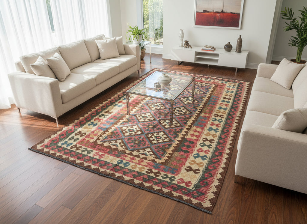 Handmade Afghan Kilim Rug – 168x254 cm | Tribal Wool Carpet in Earthy Tones