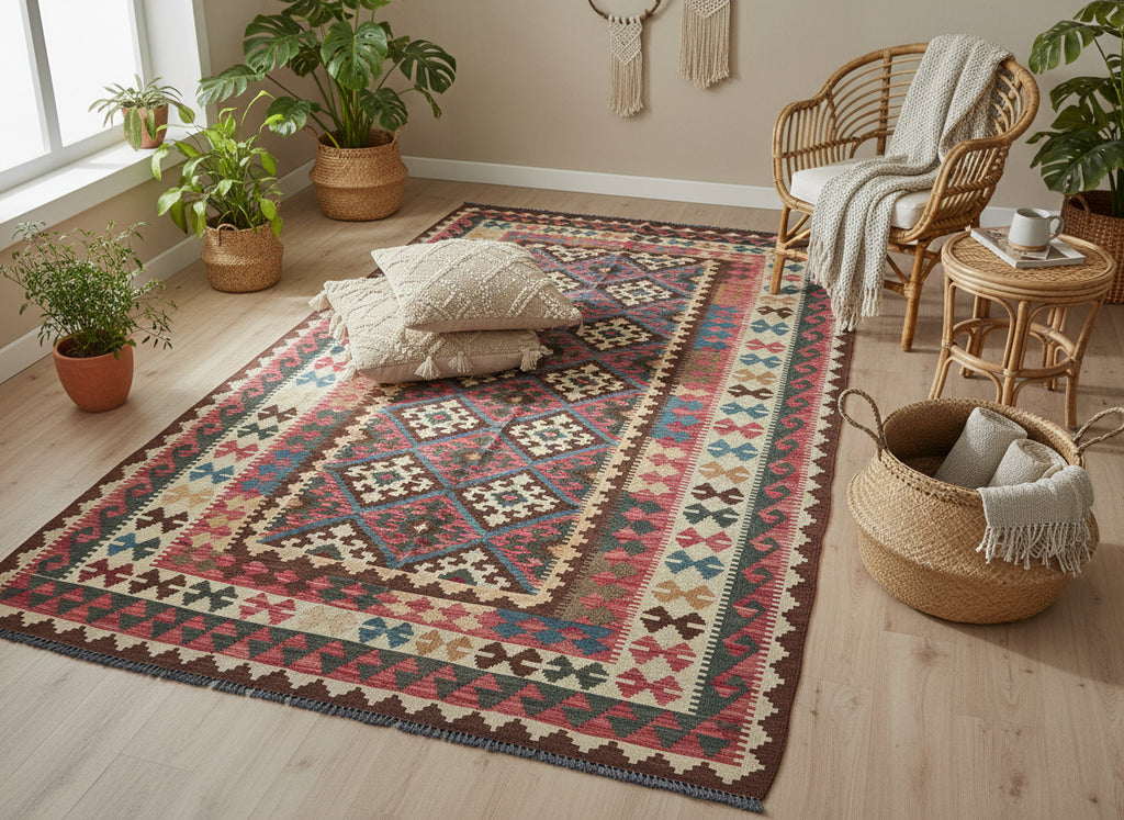 Handmade Afghan Kilim Rug – 168x254 cm | Tribal Wool Carpet in Earthy Tones