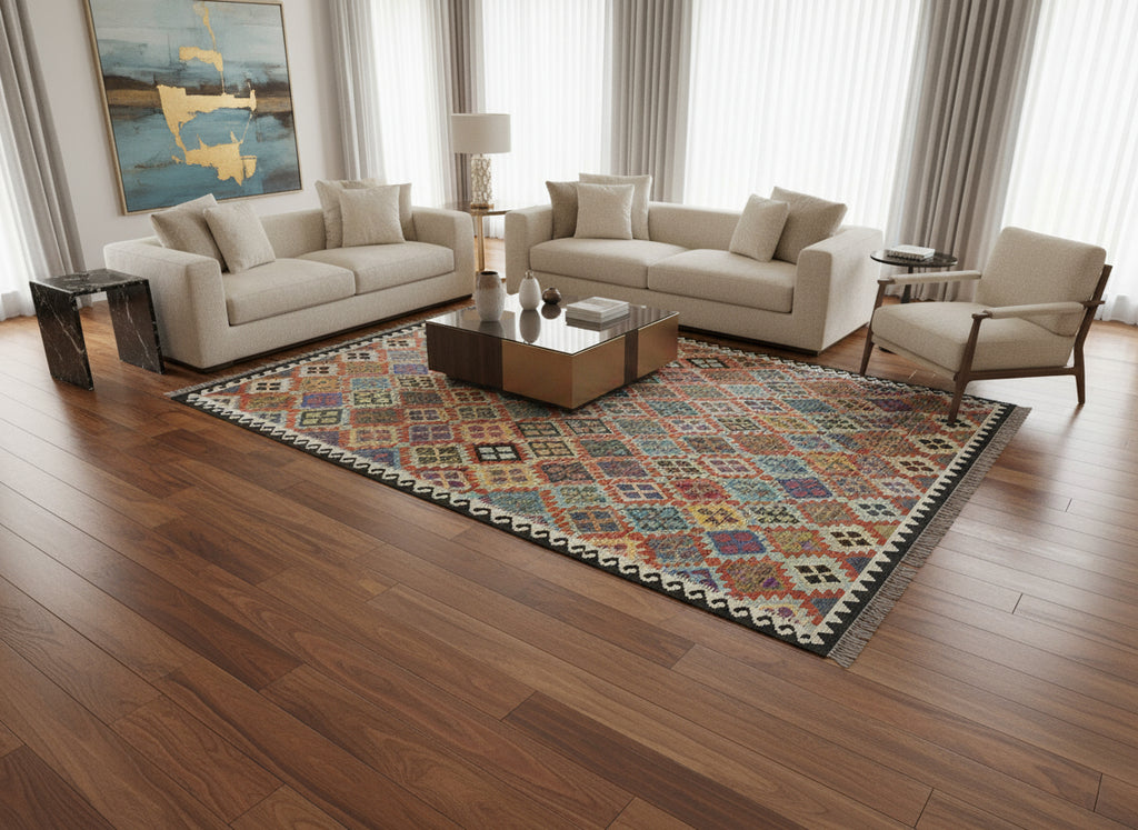 Handmade Afghan Kilim Rug – 211x213 cm | Vibrant Multicolor Tribal Wool Carpet
