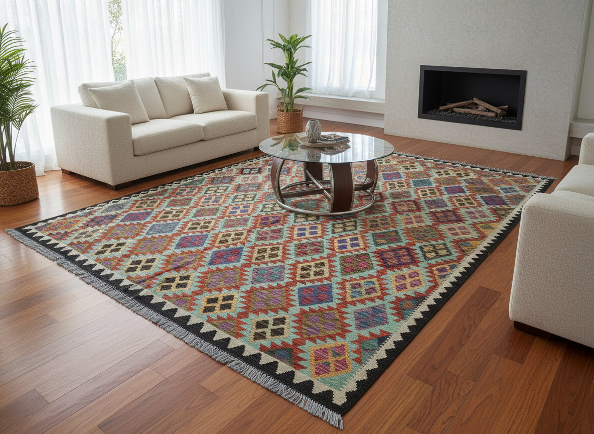Handmade Afghan Kilim Rug – 211x213 cm | Vibrant Multicolor Tribal Wool Carpet