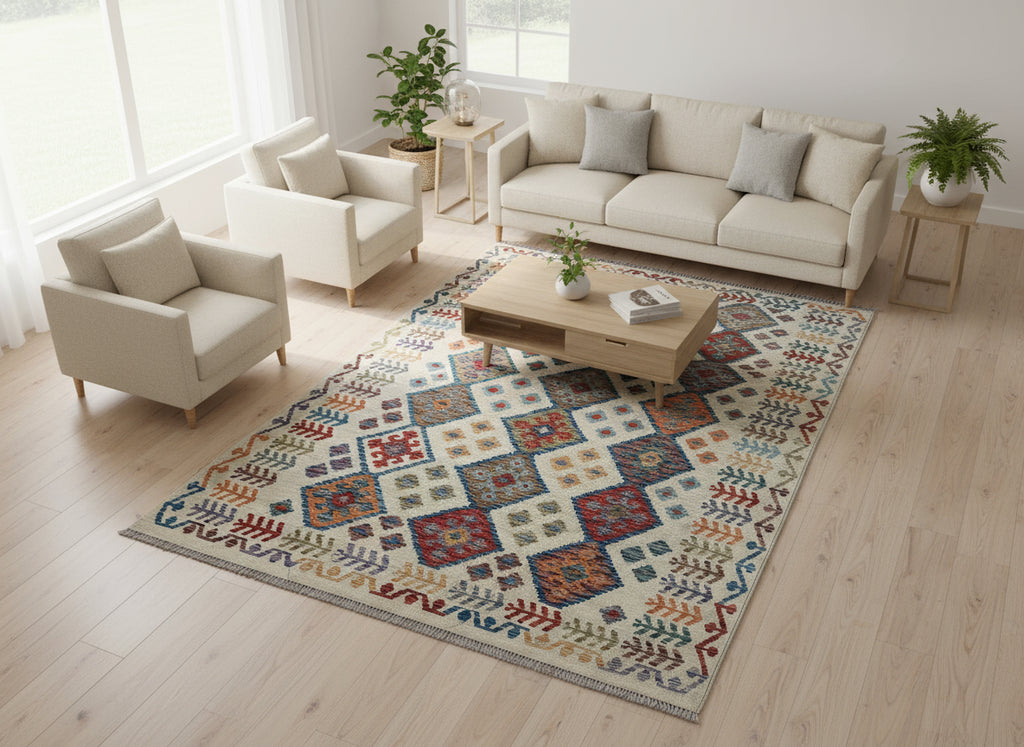 Handmade Afghan Kilim Rug – 185x251 cm | Cream Base Tribal Wool Carpet