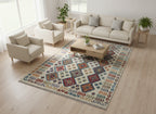 Handmade Afghan Kilim Rug – 185x251 cm | Cream Base Tribal Wool Carpet