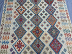 Handmade Afghan Kilim Rug – 185x251 cm | Cream Base Tribal Wool Carpet