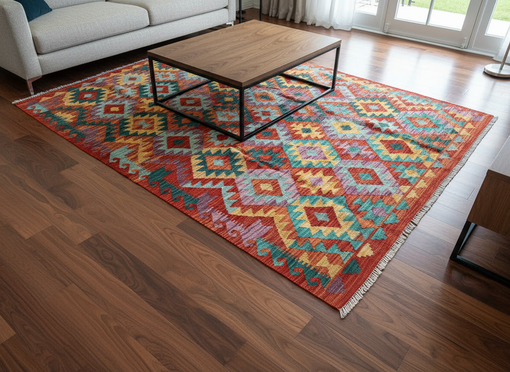 Handmade Afghan Kilim Rug – 152x200 cm | Colorful Tribal Wool Carpet