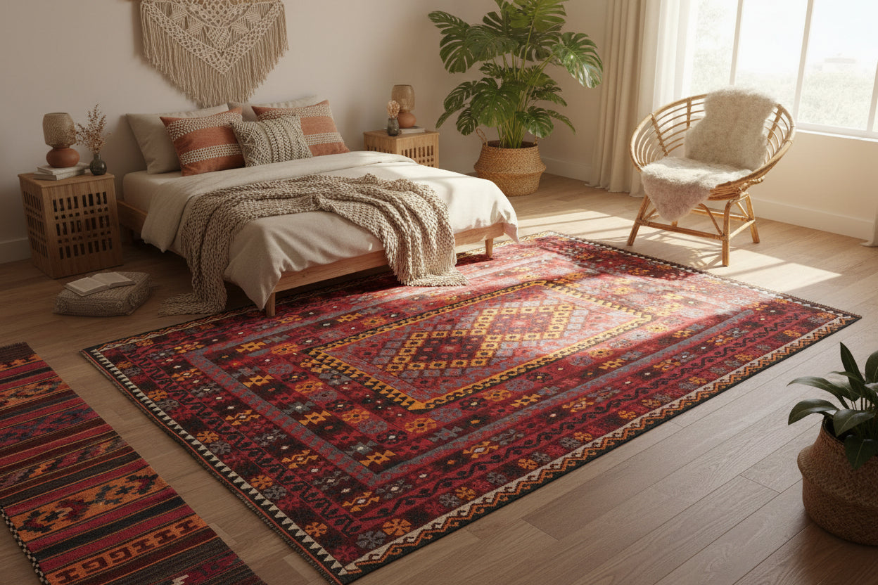 Large Red Kilim Rug 6.7 × 9.3 ft (205 × 283 cm) – Geometric Flatweave Wool Area Carpet | Living Room & Boho Rug