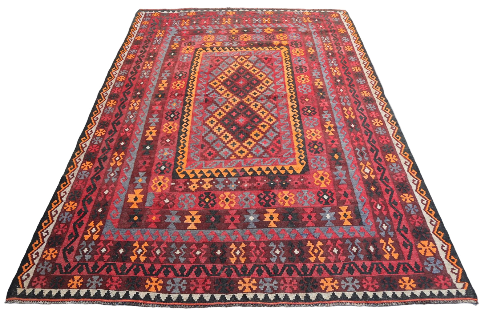 Large Red Kilim Rug 6.7 × 9.3 ft (205 × 283 cm) – Geometric Flatweave Wool Area Carpet | Living Room & Boho Rug