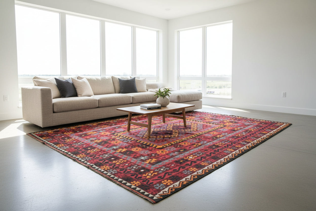 Large Red Kilim Rug 6.7 × 9.3 ft (205 × 283 cm) – Geometric Flatweave Wool Area Carpet | Living Room & Boho Rug