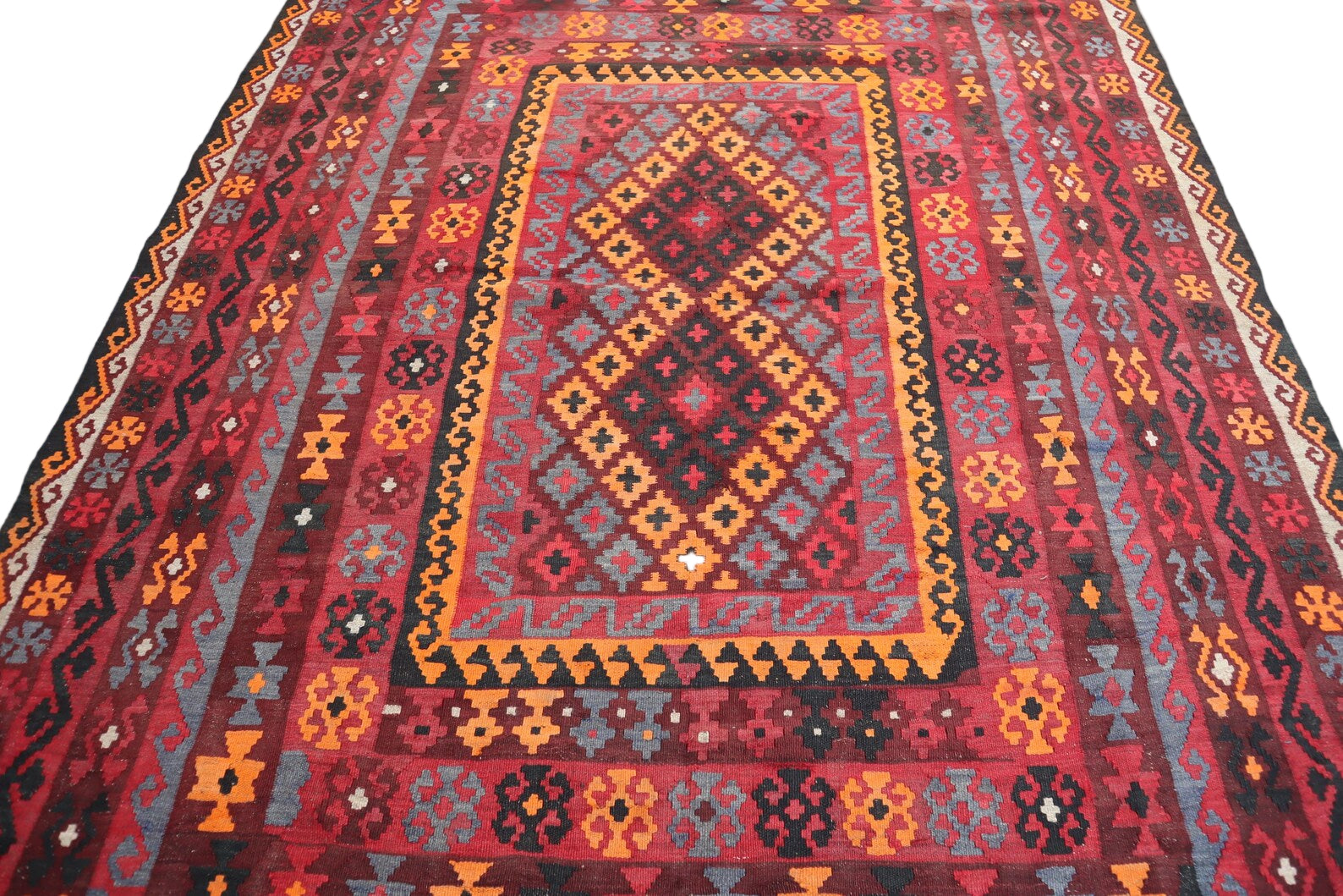 Large Red Kilim Rug 6.7 × 9.3 ft (205 × 283 cm) – Geometric Flatweave Wool Area Carpet | Living Room & Boho Rug