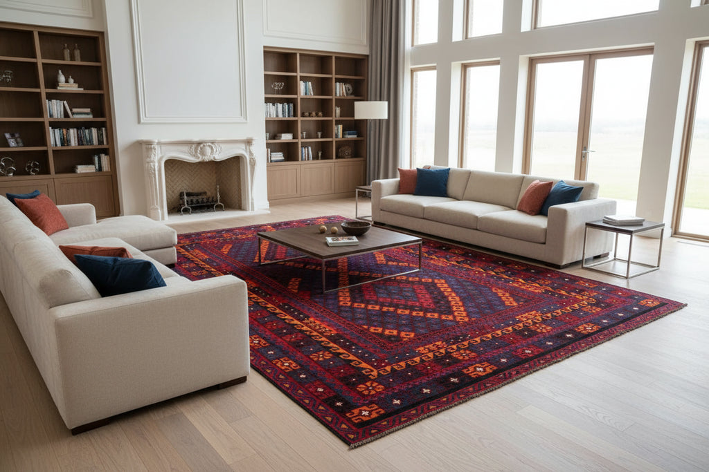Handmade Afghan Kilim Rug – 244x405 cm | Large Red, Orange & Navy Wool Carpet