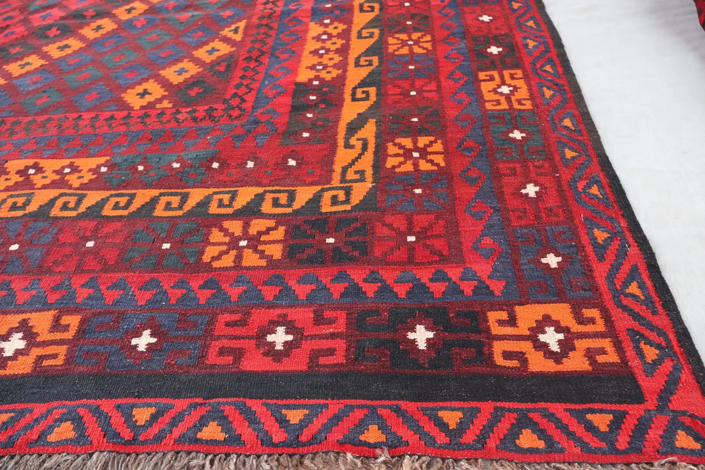 Handmade Afghan Kilim Rug – 244x405 cm | Large Red, Orange & Navy Wool Carpet