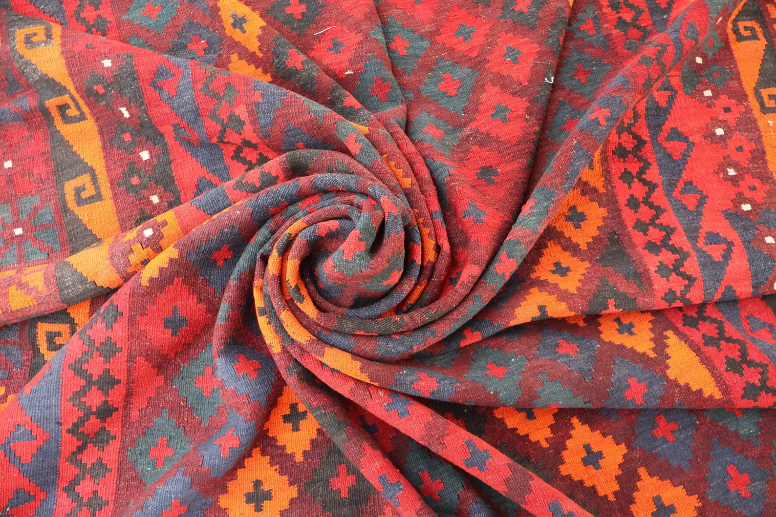 Handmade Afghan Kilim Rug – 244x405 cm | Large Red, Orange & Navy Wool Carpet