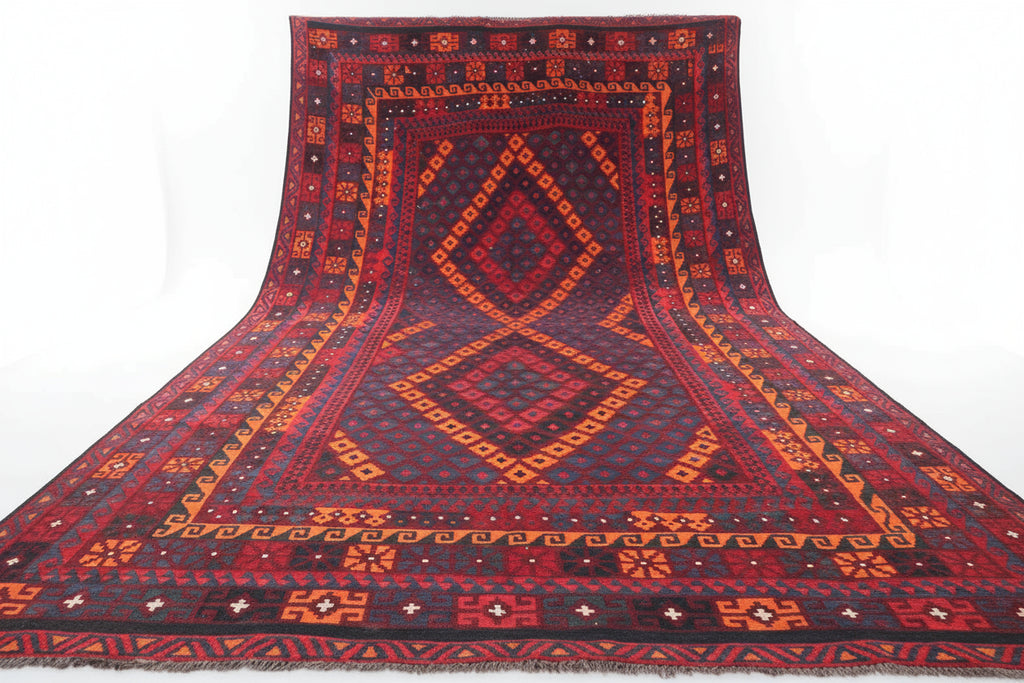 Handmade Afghan Kilim Rug – 244x405 cm | Large Red, Orange & Navy Wool Carpet