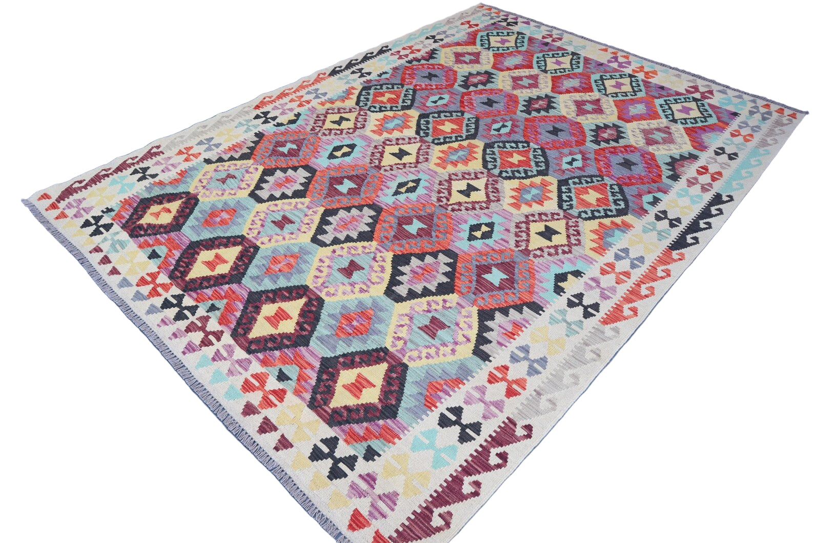 Large Colourful Kilim Rug 6.10 × 9.6 ft (208 × 292 cm) – Wool Flatweave Area Rug | Multicolour Boho Geometric Carpet