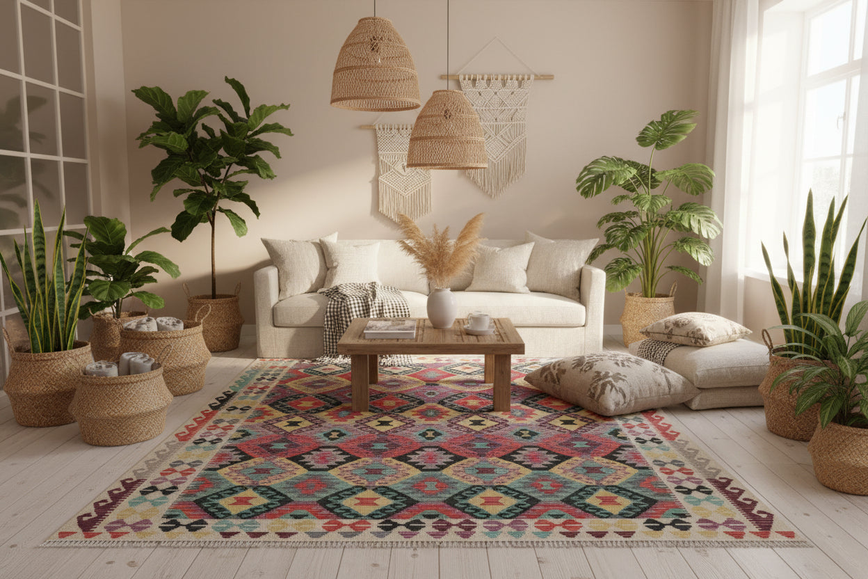 Large Colourful Kilim Rug 6.10 × 9.6 ft (208 × 292 cm) – Wool Flatweave Area Rug | Multicolour Boho Geometric Carpet