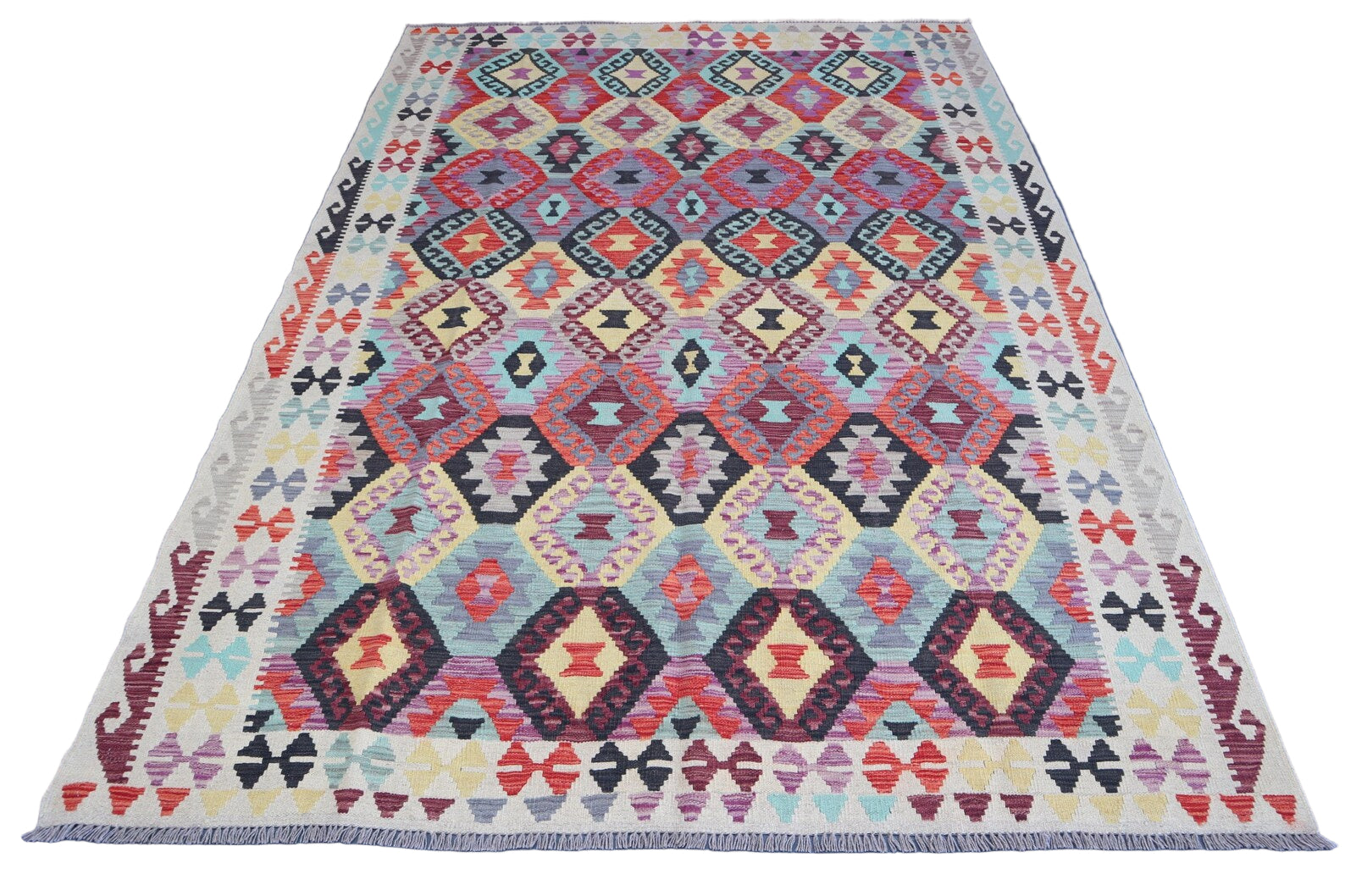 Large Colourful Kilim Rug 6.10 × 9.6 ft (208 × 292 cm) – Wool Flatweave Area Rug | Multicolour Boho Geometric Carpet