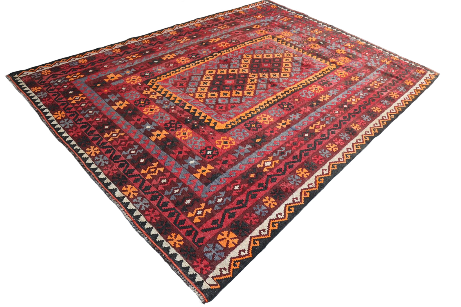 Large Red Kilim Rug 6.7 × 9.3 ft (205 × 283 cm) – Geometric Flatweave Wool Area Carpet | Living Room & Boho Rug