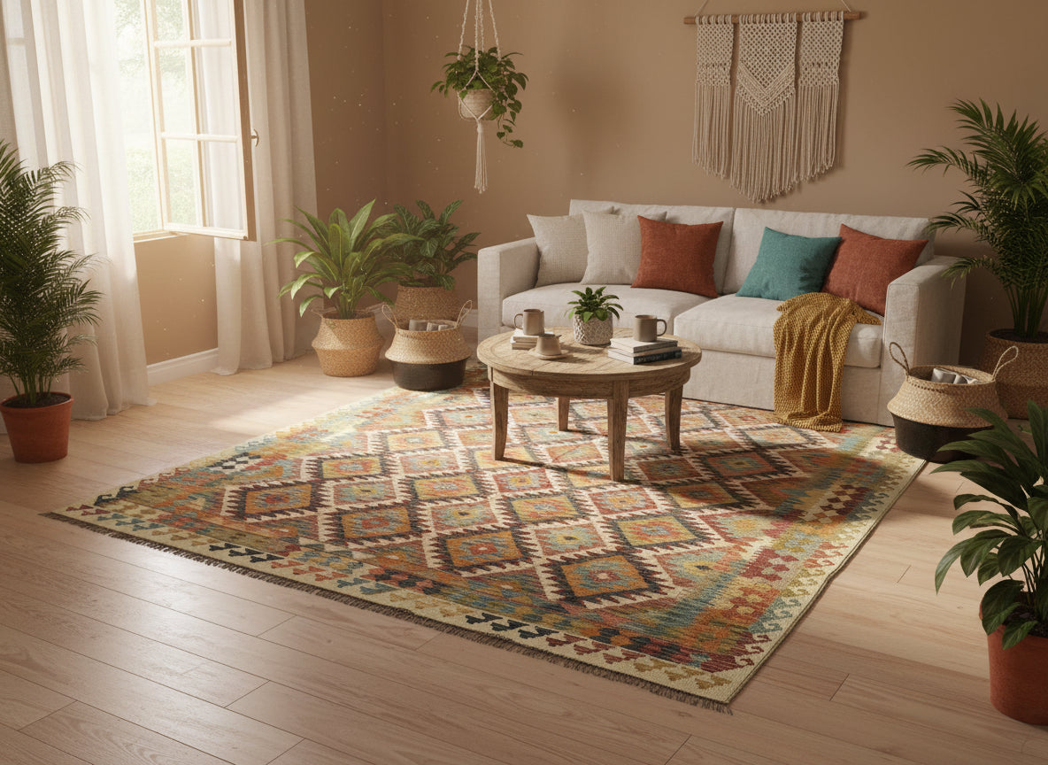 Large Colourful Kilim Rug 8.4 × 9.7 ft (256 × 296 cm) – Wool Flatweave Area Rug | Boho Living Room Carpet