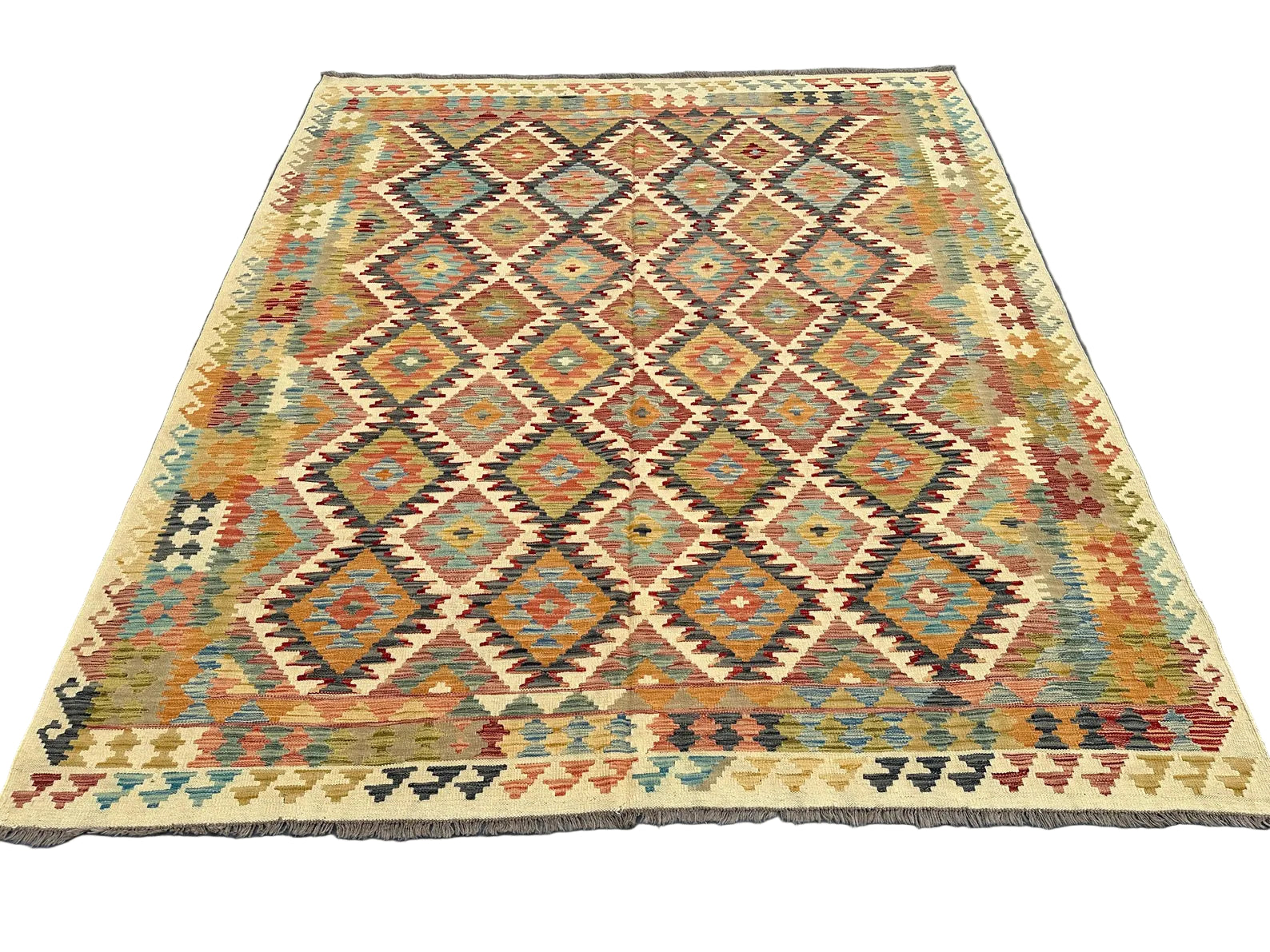 Large Colourful Kilim Rug 8.4 × 9.7 ft (256 × 296 cm) – Wool Flatweave Area Rug | Boho Living Room Carpet