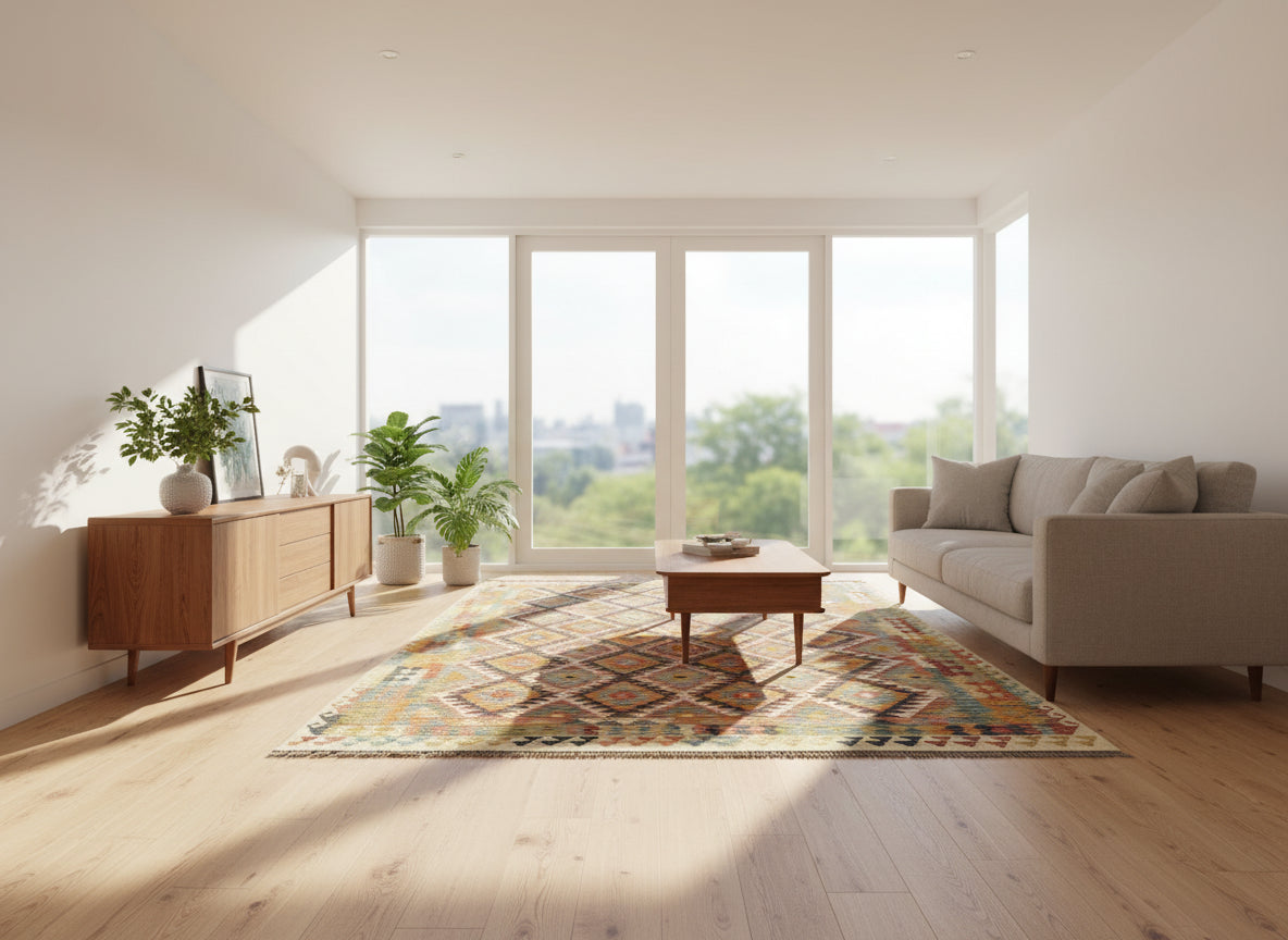 Large Colourful Kilim Rug 8.4 × 9.7 ft (256 × 296 cm) – Wool Flatweave Area Rug | Boho Living Room Carpet