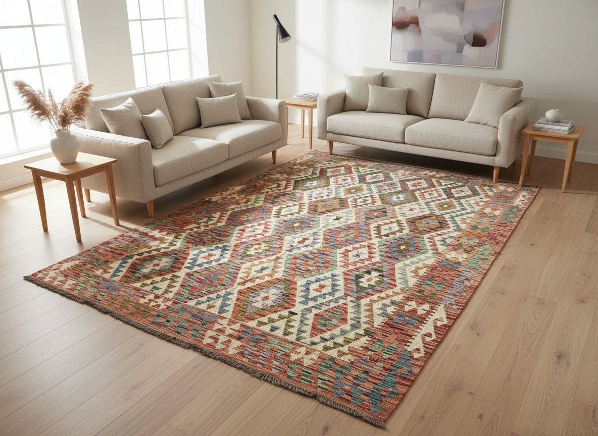 Afghan Kilim Rug 204 × 300 cm – Handwoven Wool Flat Weave | Multicolour Geometric Tribal Design | 6.7 × 9.10 ft