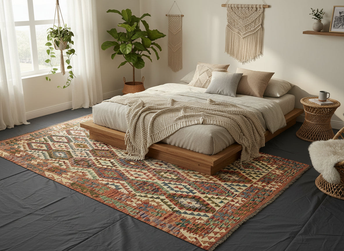 Afghan Kilim Rug 204 × 300 cm – Handwoven Wool Flat Weave | Multicolour Geometric Tribal Design | 6.7 × 9.10 ft