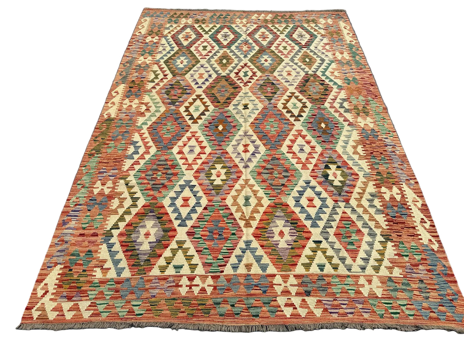 Afghan Kilim Rug 204 × 300 cm – Handwoven Wool Flat Weave | Multicolour Geometric Tribal Design | 6.7 × 9.10 ft