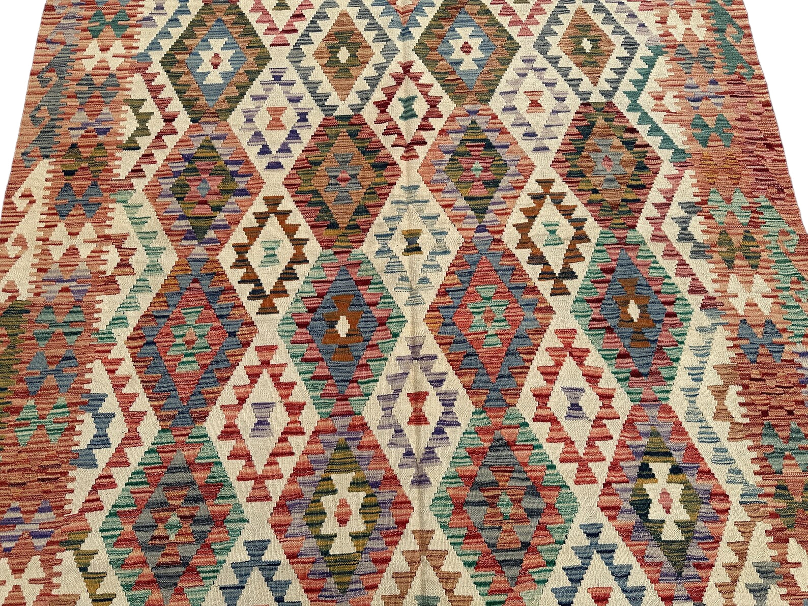 Afghan Kilim Rug 204 × 300 cm – Handwoven Wool Flat Weave | Multicolour Geometric Tribal Design | 6.7 × 9.10 ft