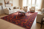 Handmade Afghan Kilim Rug – 244x405 cm | Large Red, Orange & Navy Wool Carpet
