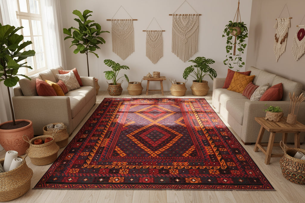 Handmade Afghan Kilim Rug – 244x405 cm | Large Red, Orange & Navy Wool Carpet