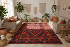 Handmade Afghan Kilim Rug – 244x405 cm | Large Red, Orange & Navy Wool Carpet