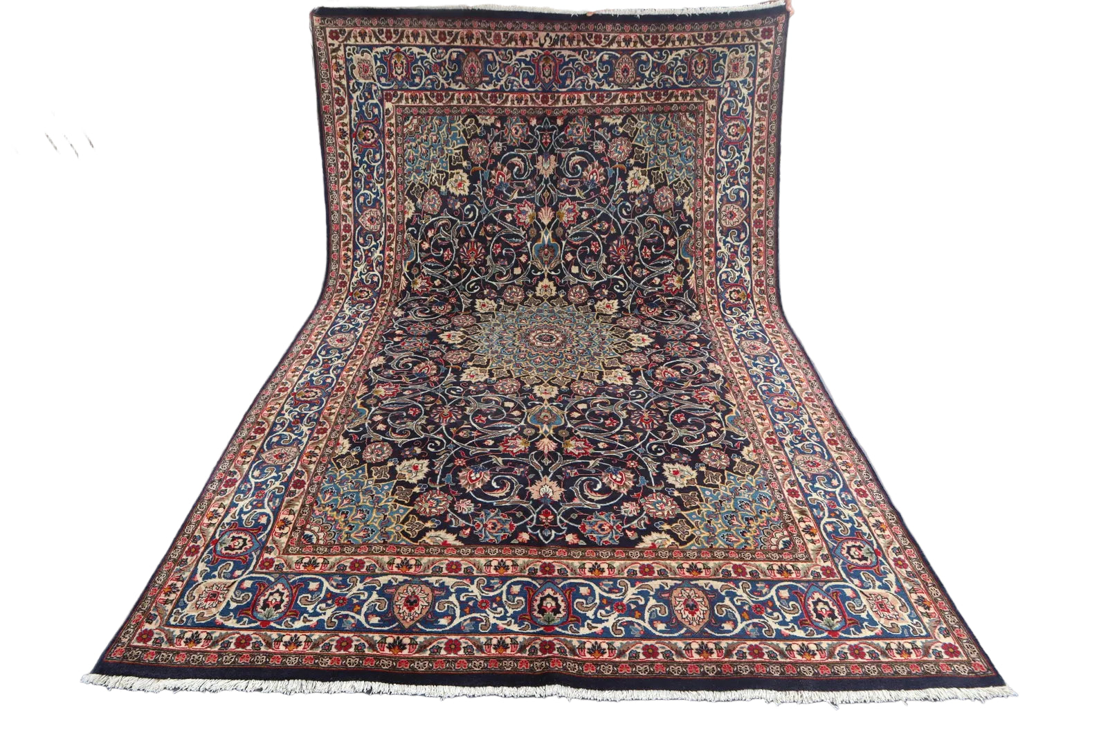 Large Persian Style Area Rug 6.4 × 9.10 ft (195 × 300 cm) – Navy & Multi-Colour Floral Wool Carpet | Luxury Living Room Rug