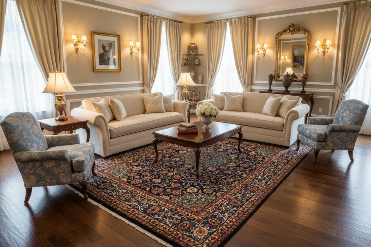 Large Persian Style Area Rug 6.4 × 9.10 ft (195 × 300 cm) – Navy & Multi-Colour Floral Wool Carpet | Luxury Living Room Rug