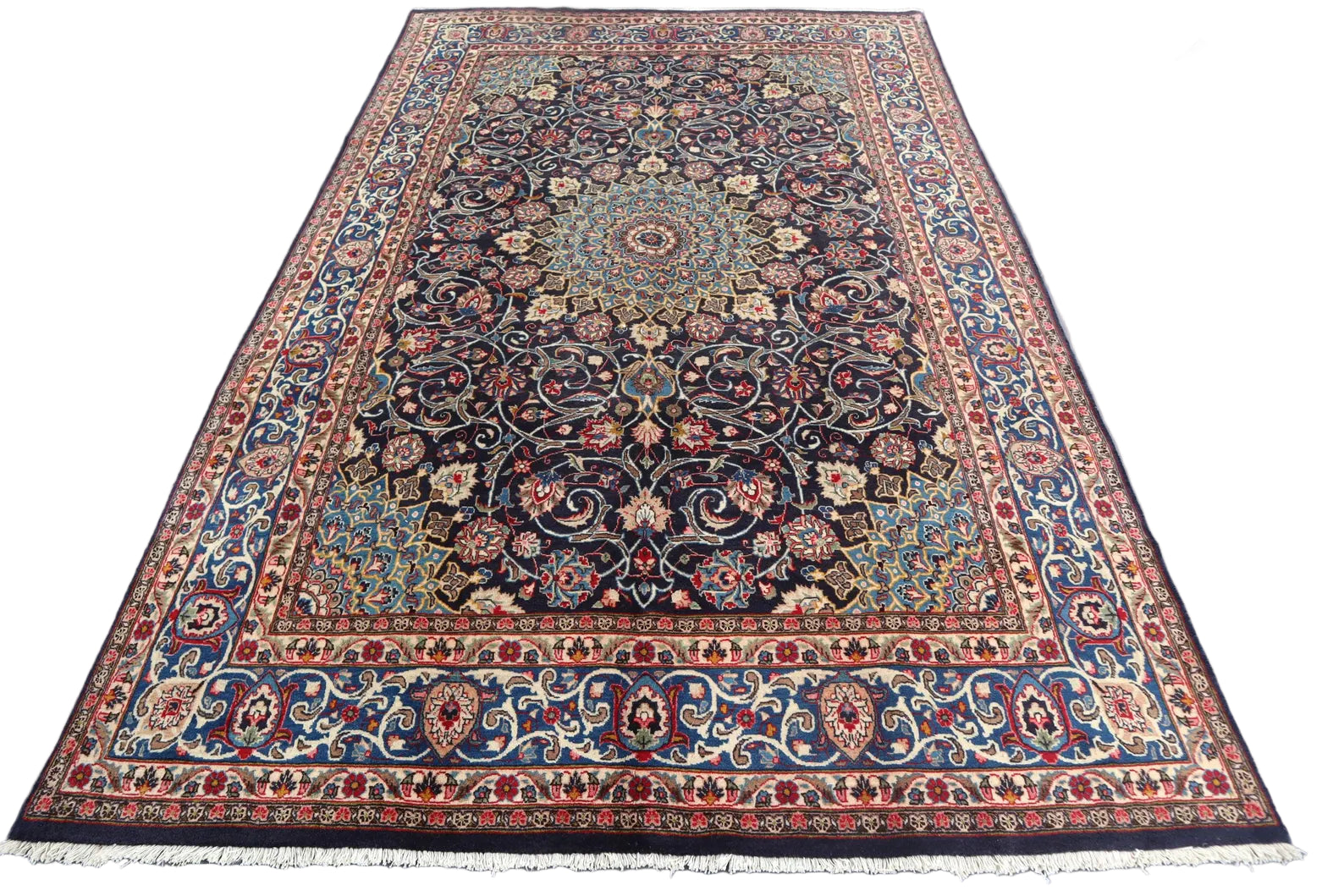 Large Persian Style Area Rug 6.4 × 9.10 ft (195 × 300 cm) – Navy & Multi-Colour Floral Wool Carpet | Luxury Living Room Rug