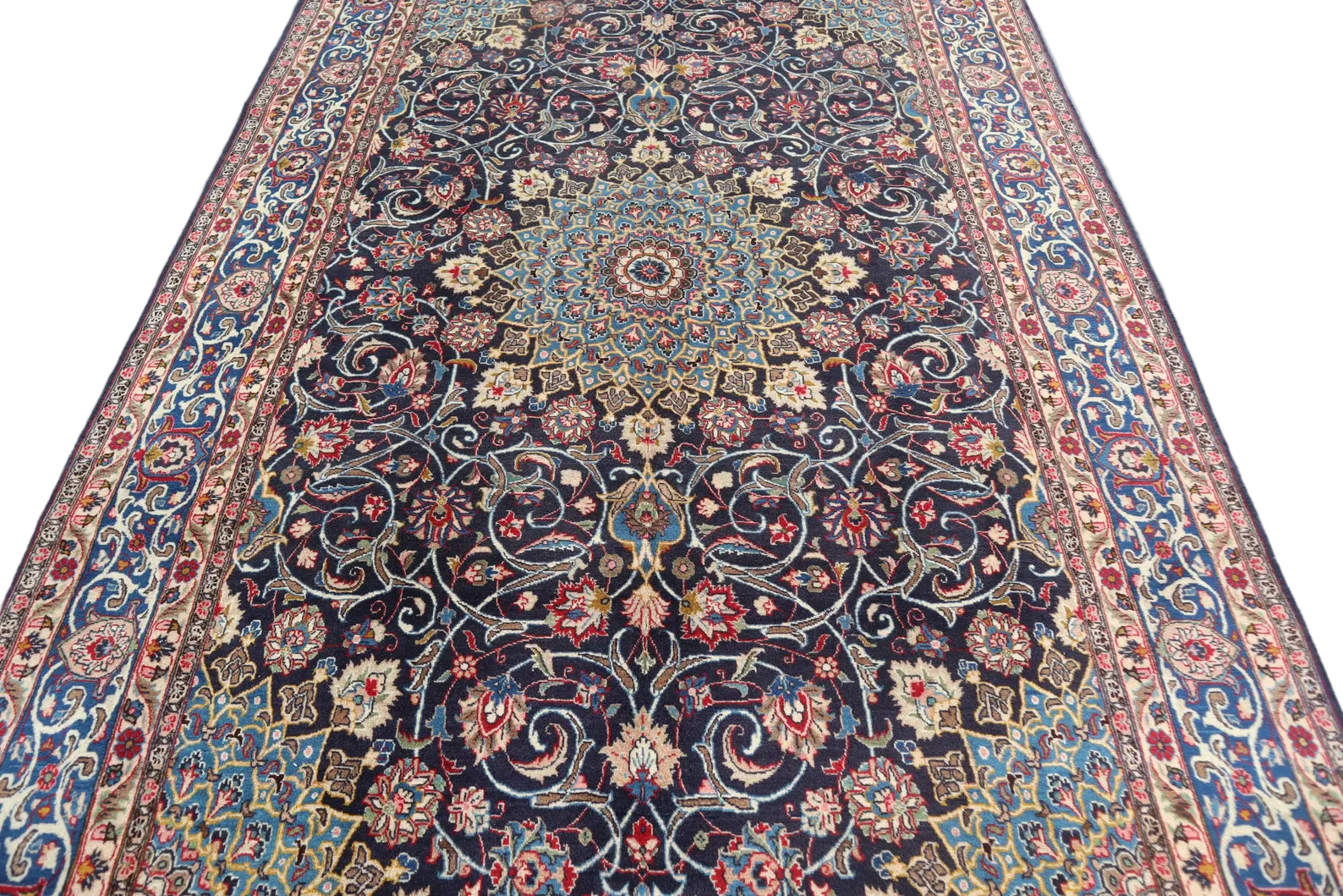 Large Persian Style Area Rug 6.4 × 9.10 ft (195 × 300 cm) – Navy & Multi-Colour Floral Wool Carpet | Luxury Living Room Rug