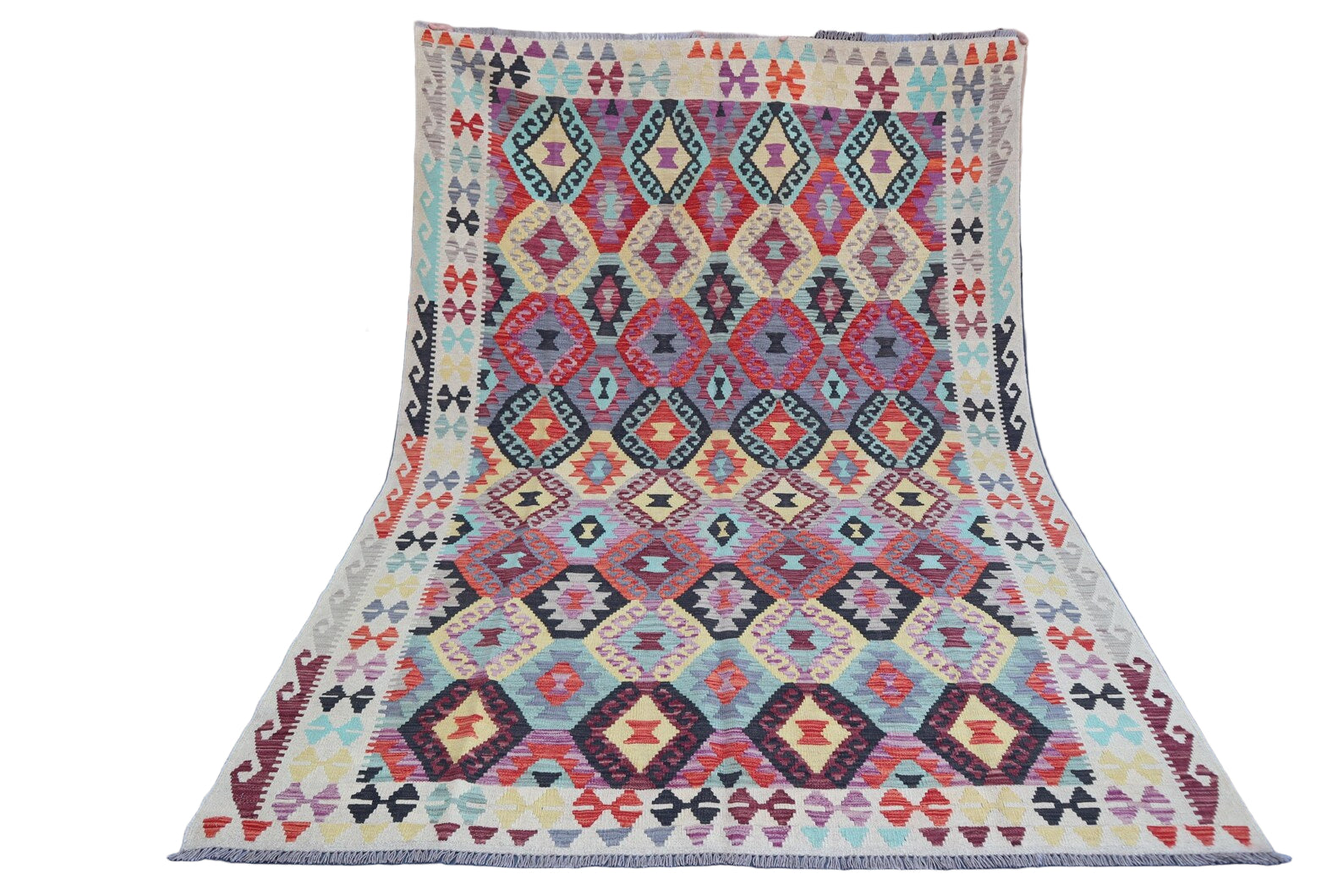Large Colourful Kilim Rug 6.10 × 9.6 ft (208 × 292 cm) – Wool Flatweave Area Rug | Multicolour Boho Geometric Carpet