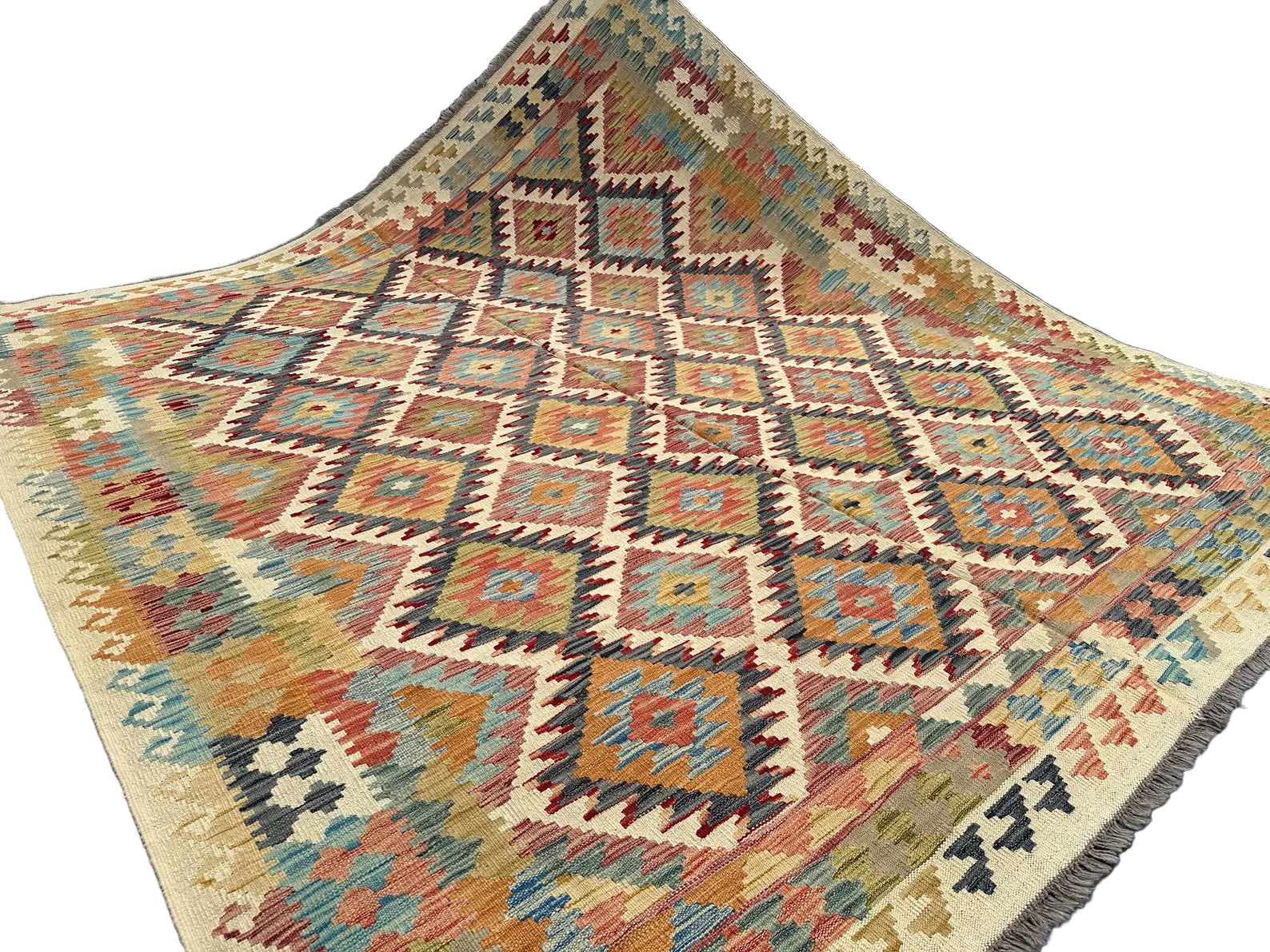 Large Colourful Kilim Rug 8.4 × 9.7 ft (256 × 296 cm) – Wool Flatweave Area Rug | Boho Living Room Carpet