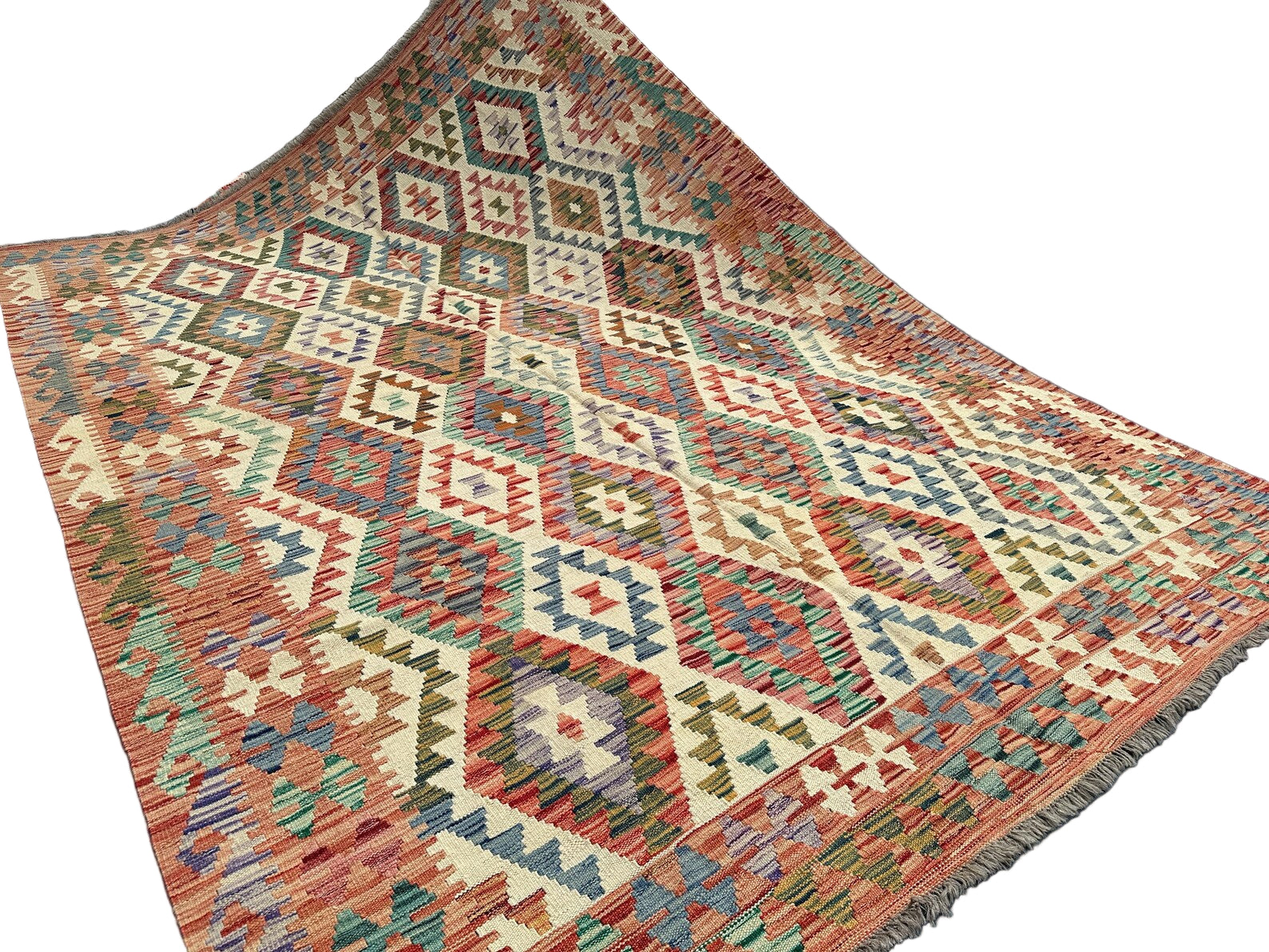 Afghan Kilim Rug 204 × 300 cm – Handwoven Wool Flat Weave | Multicolour Geometric Tribal Design | 6.7 × 9.10 ft