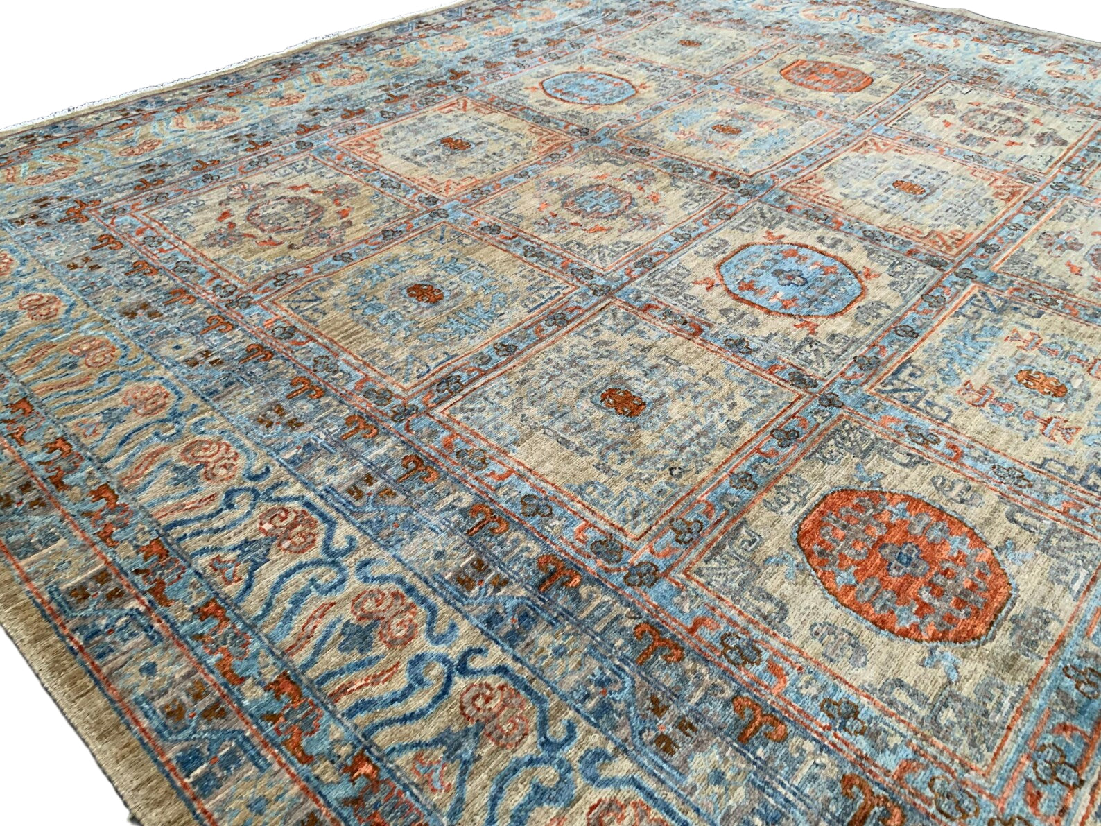 Large Afghan Ziegler Rug 274 × 363 cm – Handwoven Wool Carpet | Soft Blue & Beige Oriental Design | 9.0 × 11.9 ft