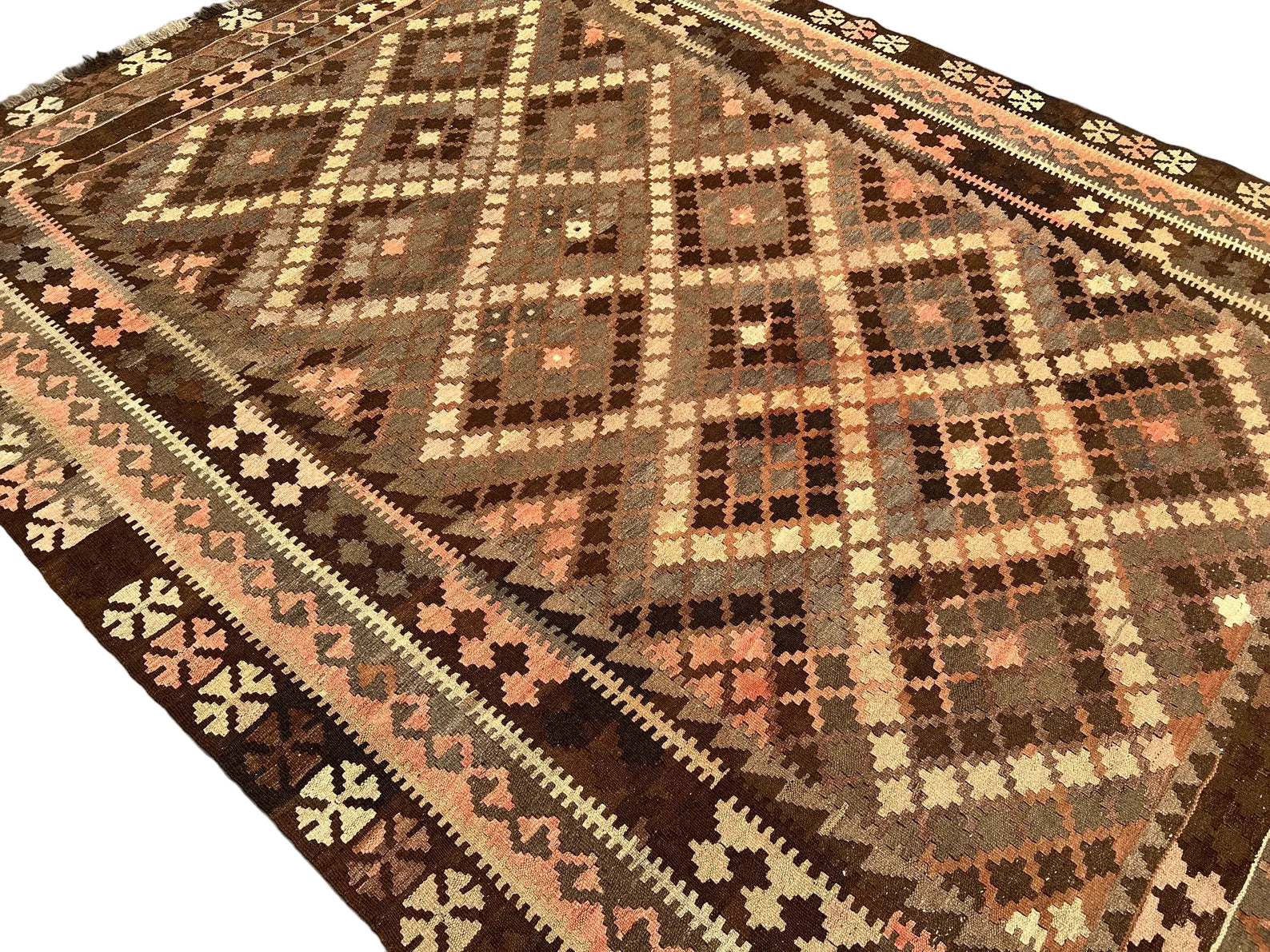Afghan Kilim Rug 198 × 256 cm – Handwoven Wool Flat Weave | Brown & Pastel Tribal Geometrics | 6.5 × 8.4 ft