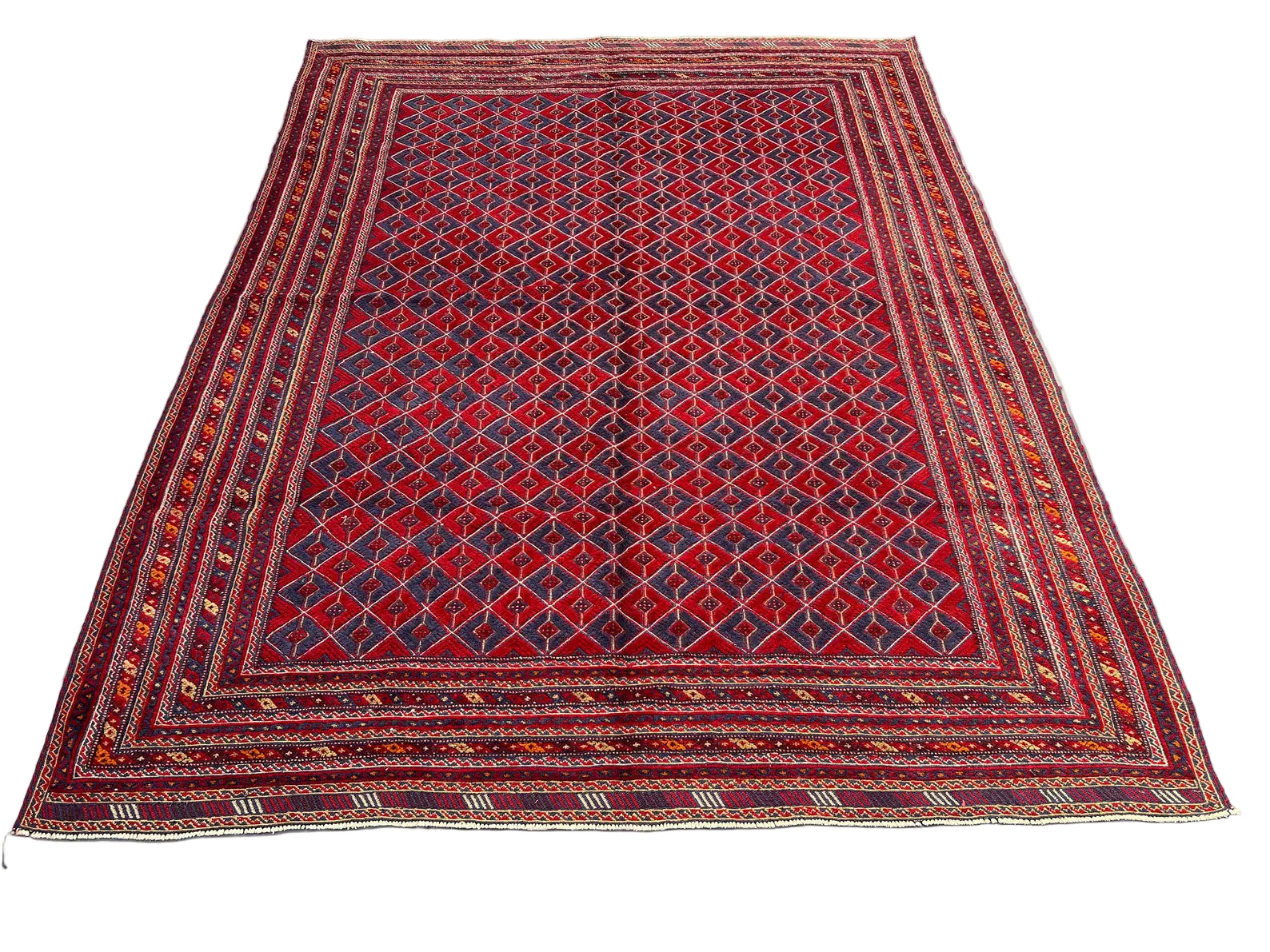 Mashwani Tribal Rug 210 × 274 cm – Handwoven Wool Carpet | Deep Red & Navy Geometric Pattern | 6.9 × 9.0 ft