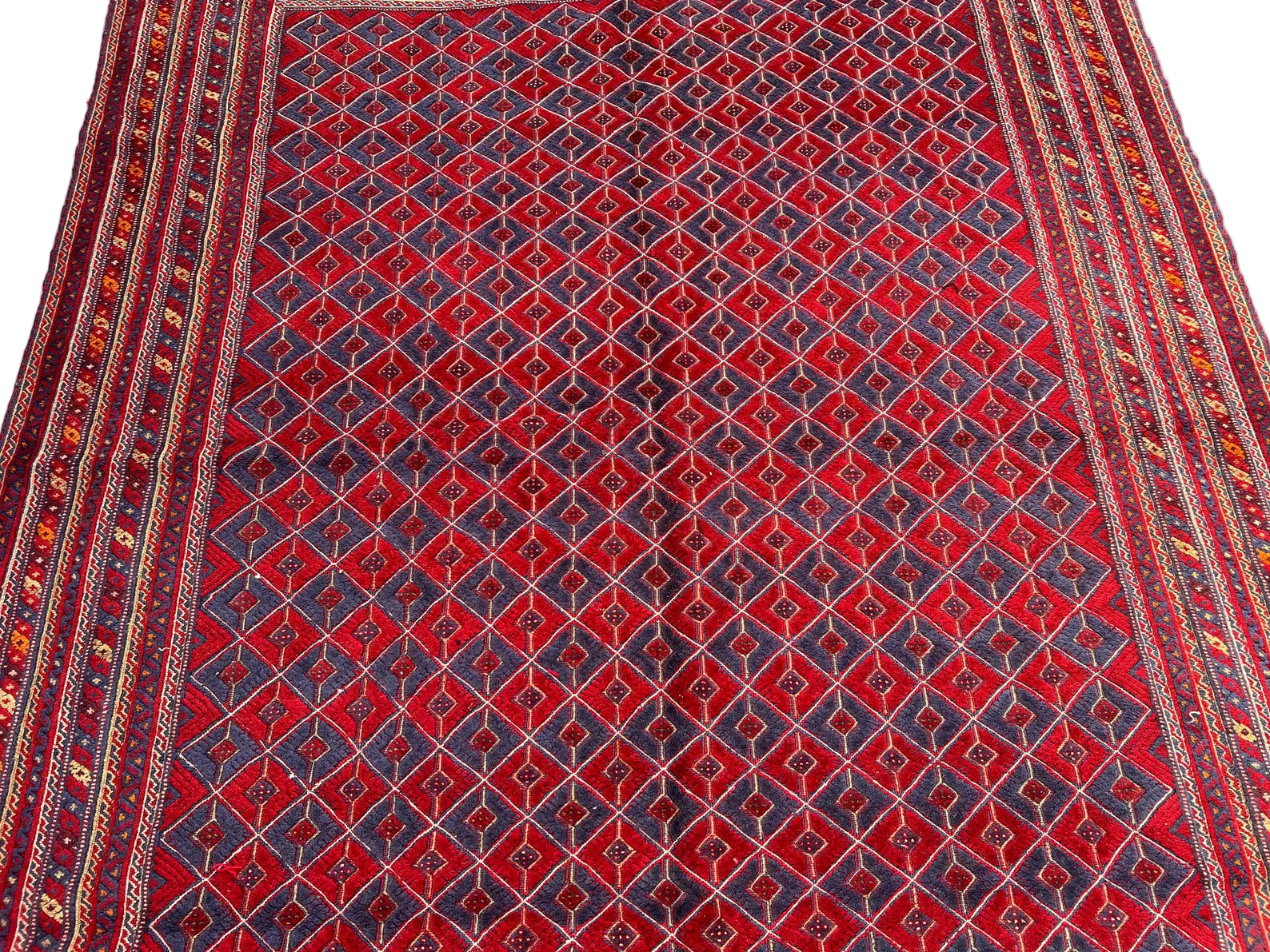 Mashwani Tribal Rug 210 × 274 cm – Handwoven Wool Carpet | Deep Red & Navy Geometric Pattern | 6.9 × 9.0 ft