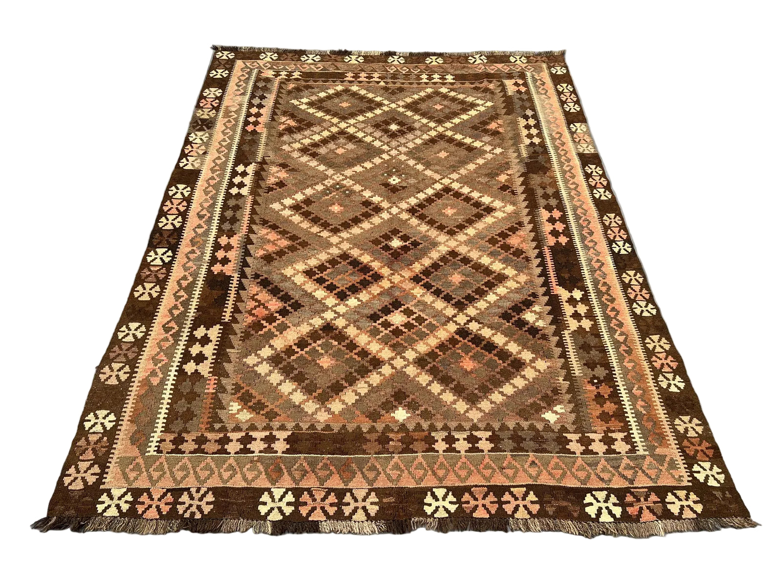 Afghan Kilim Rug 198 × 256 cm – Handwoven Wool Flat Weave | Brown & Pastel Tribal Geometrics | 6.5 × 8.4 ft