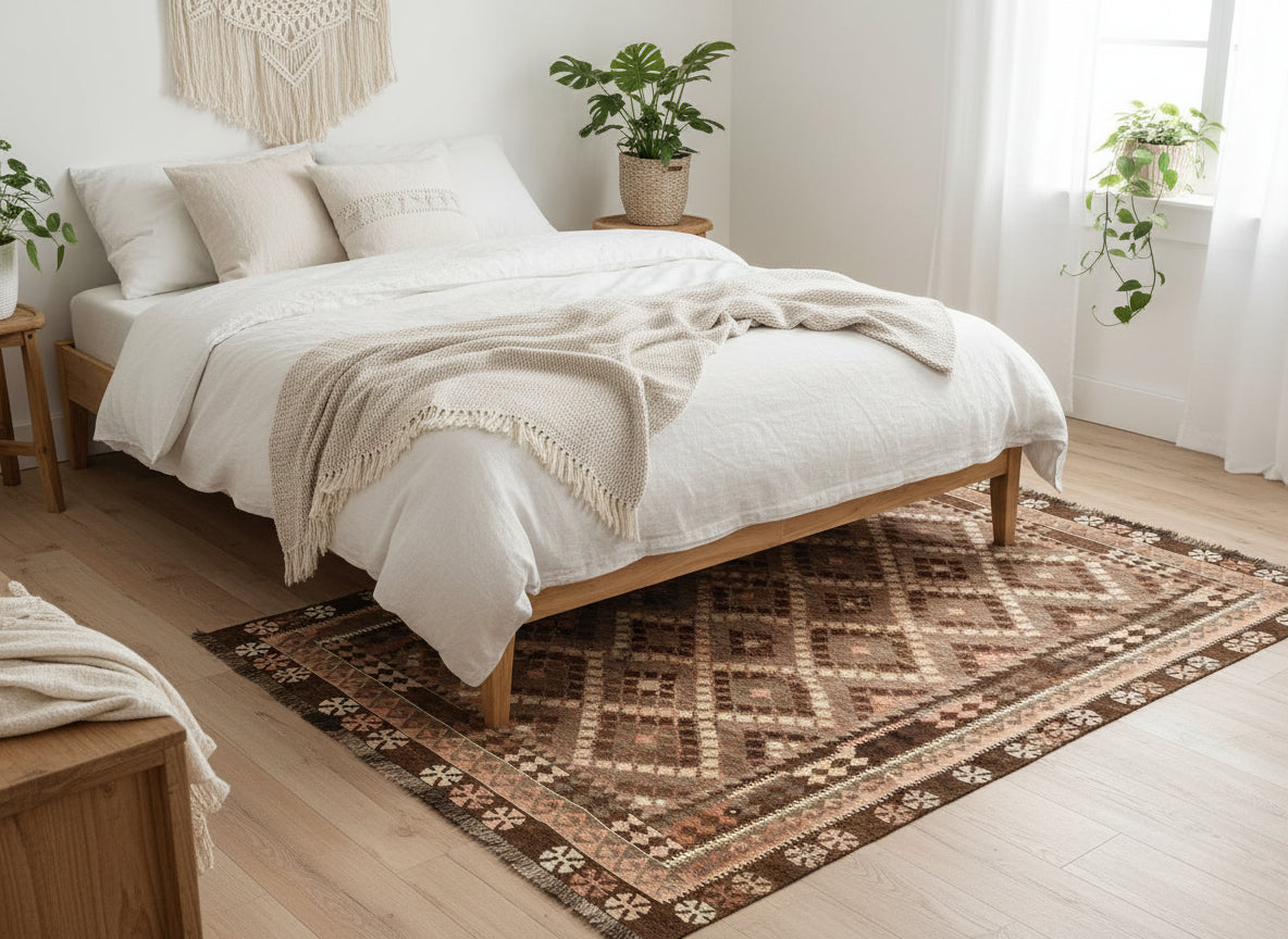 Afghan Kilim Rug 198 × 256 cm – Handwoven Wool Flat Weave | Brown & Pastel Tribal Geometrics | 6.5 × 8.4 ft