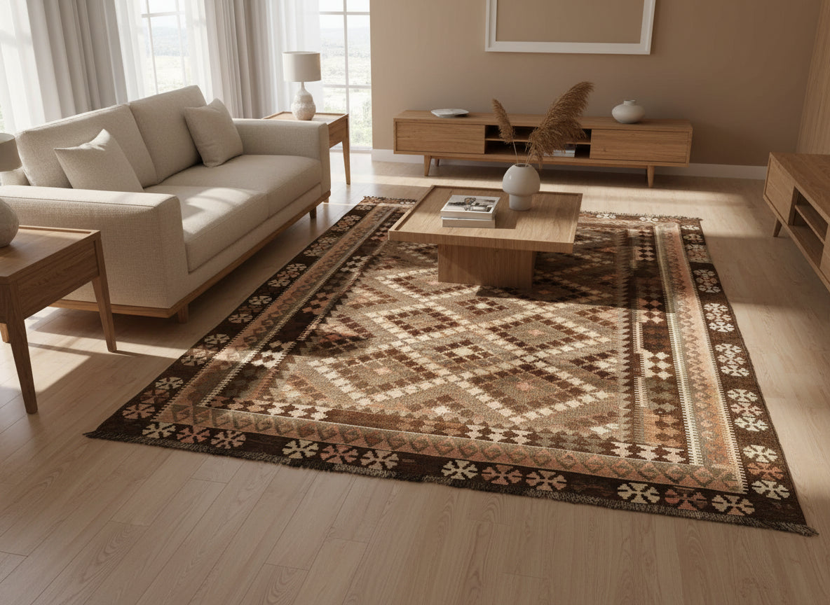 Afghan Kilim Rug 198 × 256 cm – Handwoven Wool Flat Weave | Brown & Pastel Tribal Geometrics | 6.5 × 8.4 ft