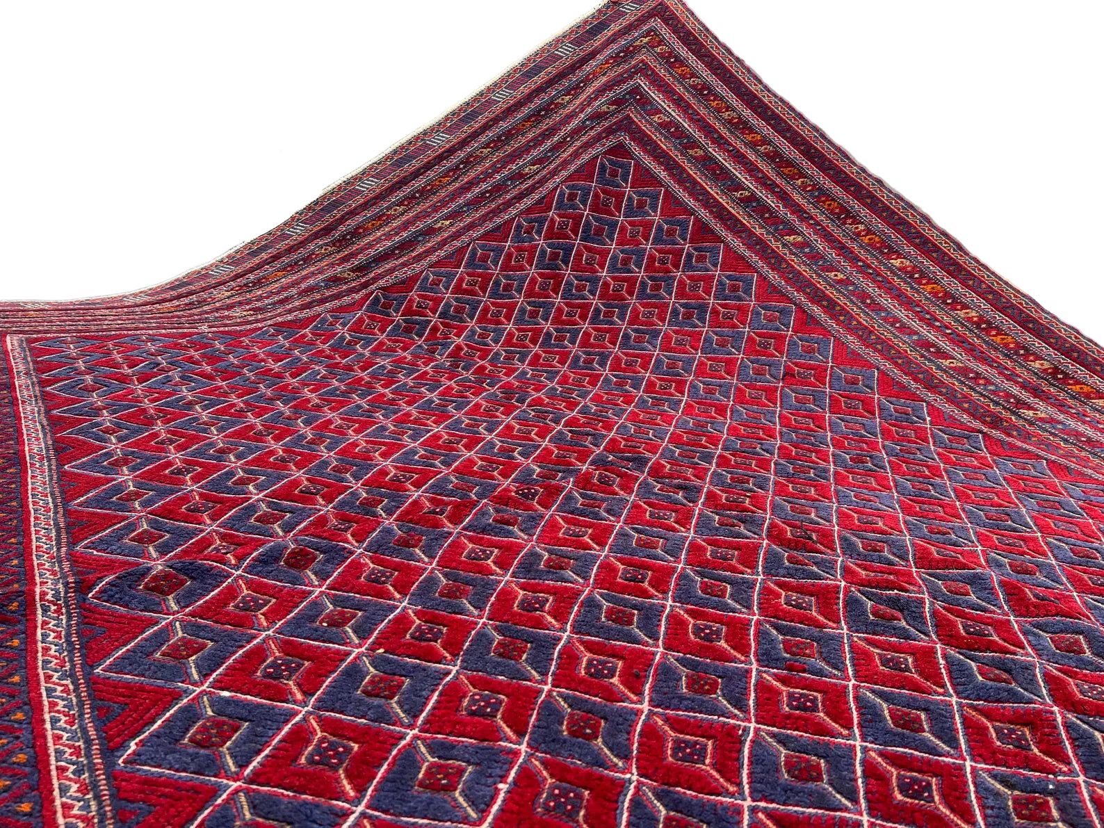 Mashwani Tribal Rug 210 × 274 cm – Handwoven Wool Carpet | Deep Red & Navy Geometric Pattern | 6.9 × 9.0 ft