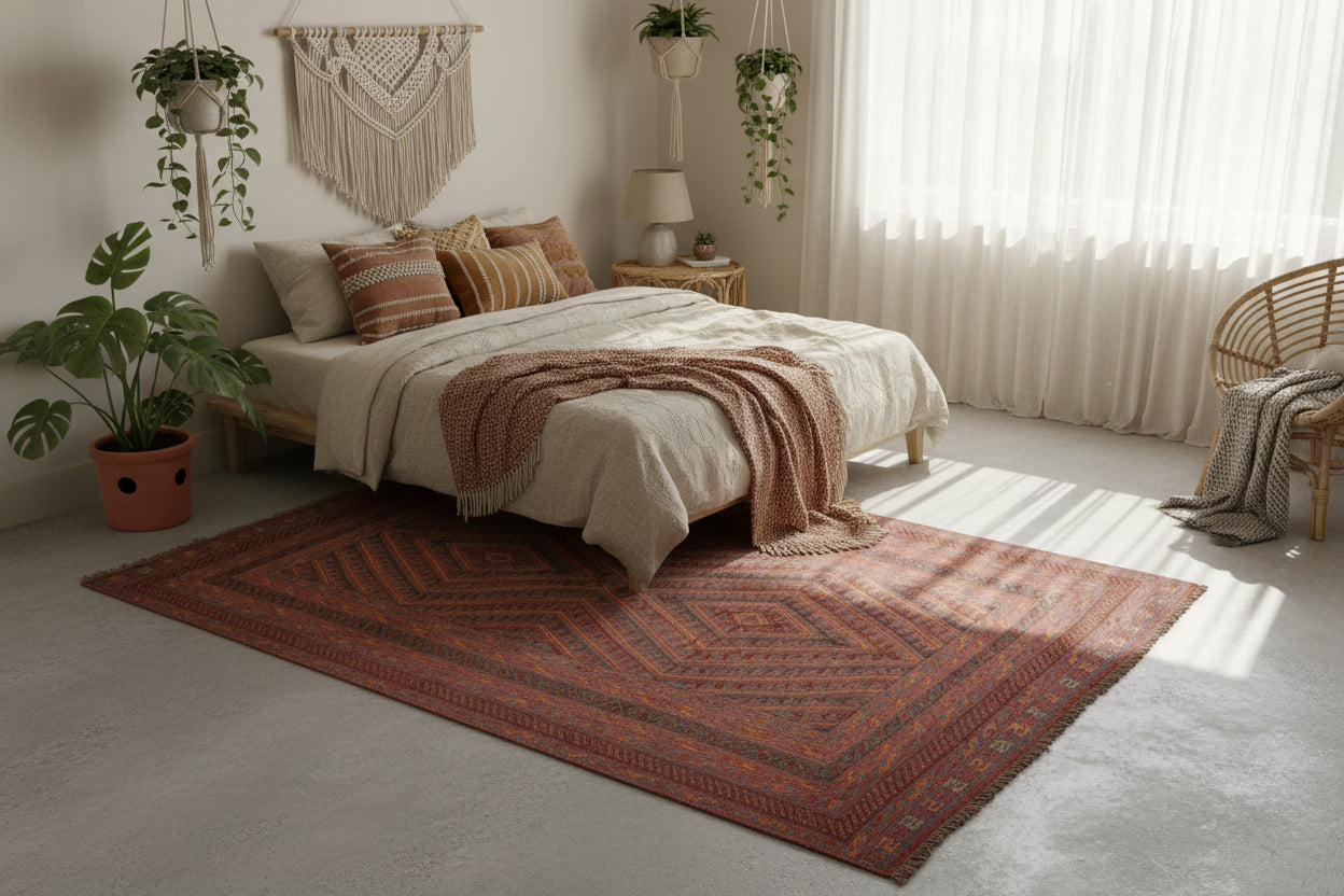 Afghan Mashwani Rug 6.4 × 10.0 ft (195 × 305 cm) – Handwoven Wool Tribal Rug | Geometric Red & Orange Pattern