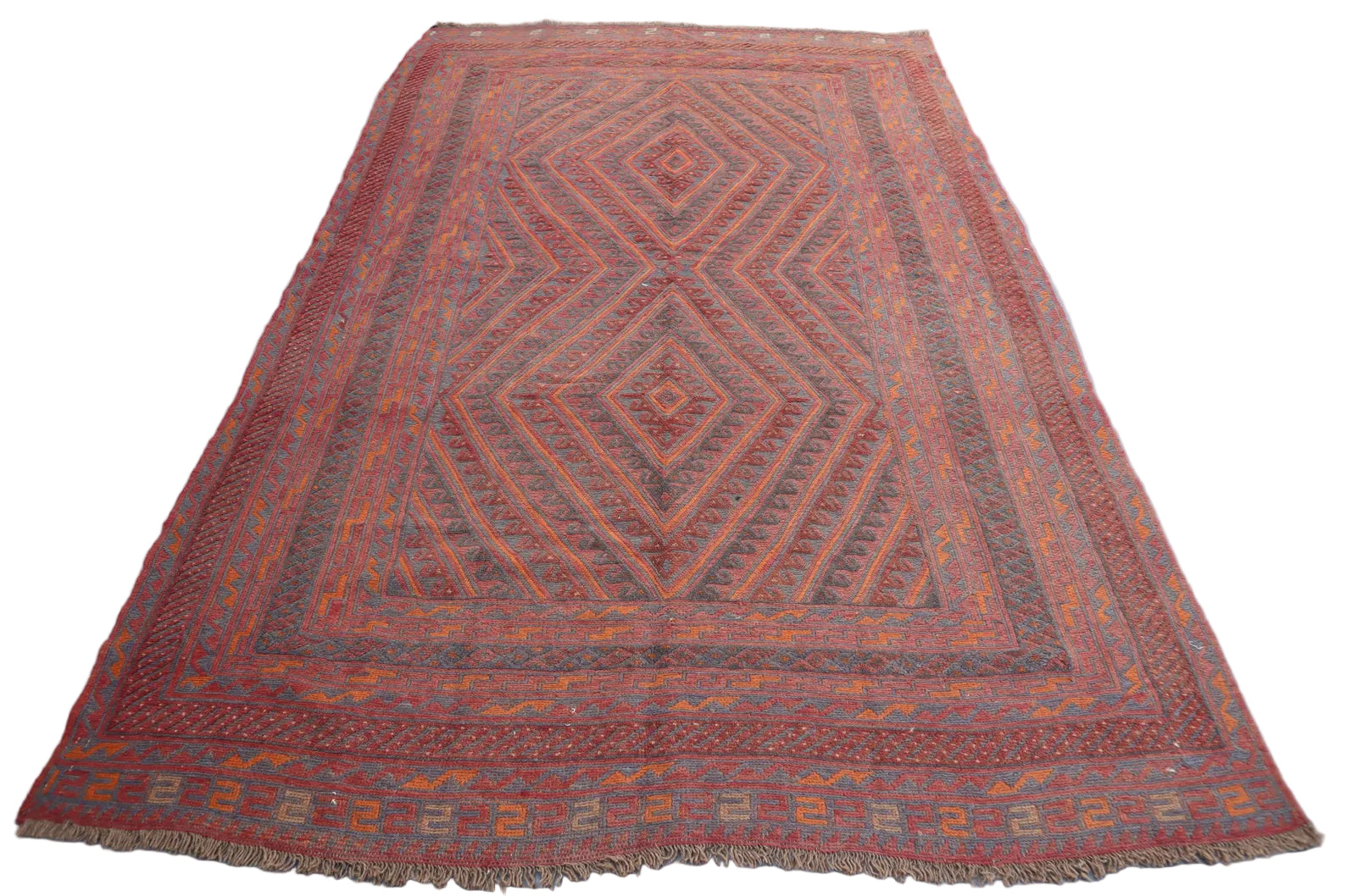 Afghan Mashwani Rug 6.4 × 10.0 ft (195 × 305 cm) – Handwoven Wool Tribal Rug | Geometric Red & Orange Pattern