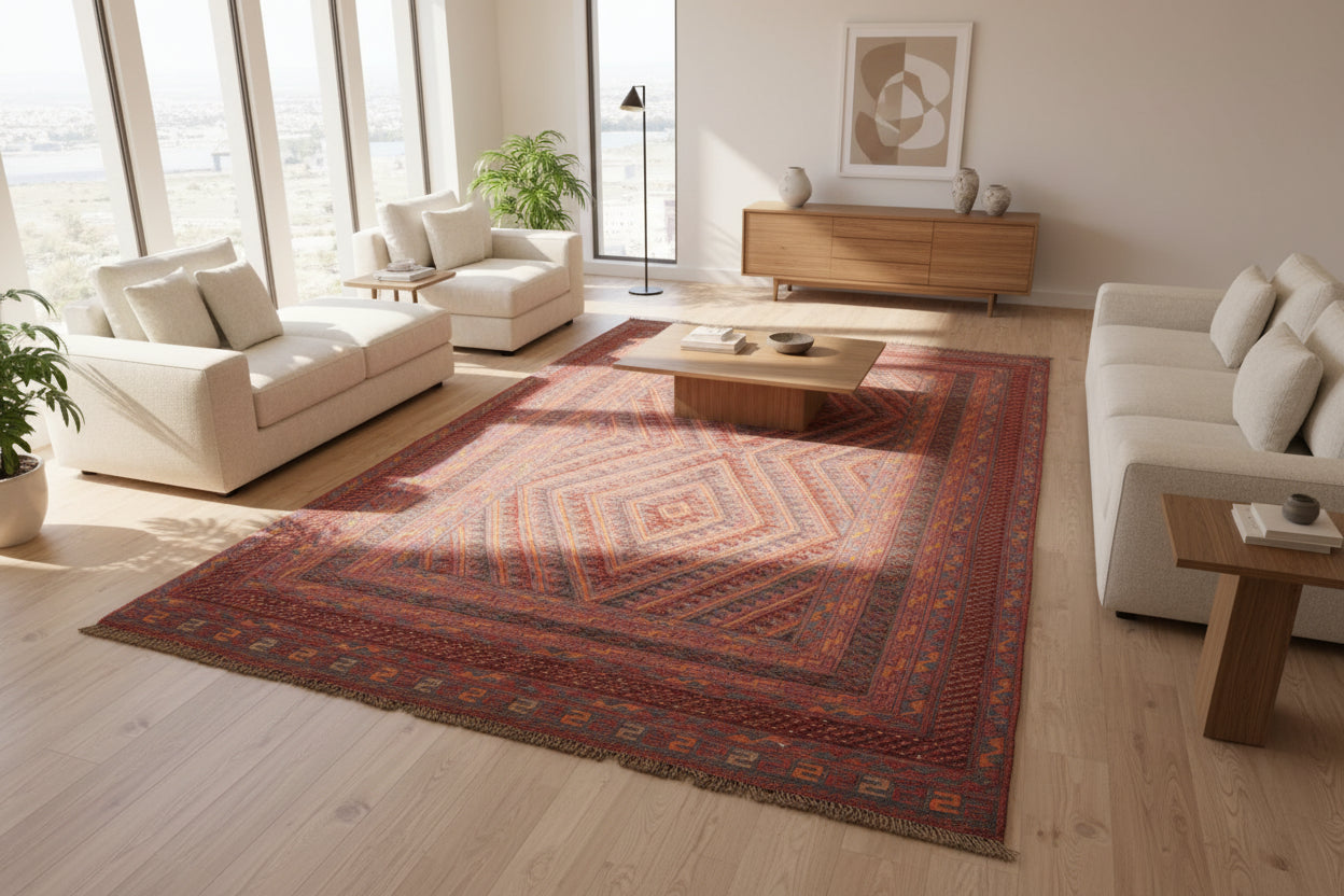 Afghan Mashwani Rug 6.4 × 10.0 ft (195 × 305 cm) – Handwoven Wool Tribal Rug | Geometric Red & Orange Pattern